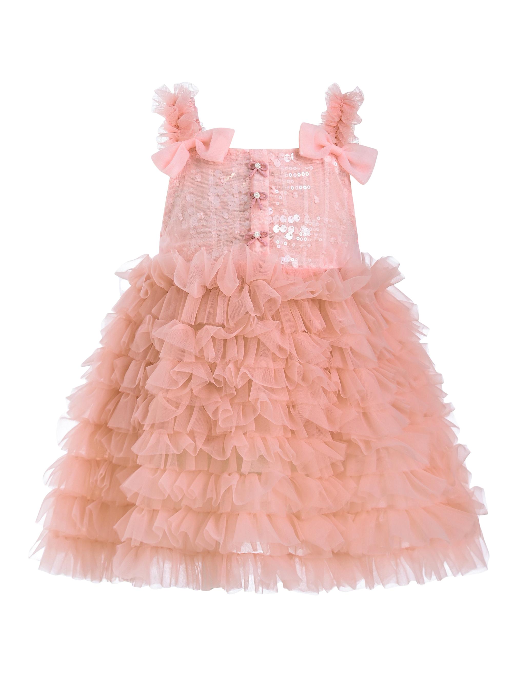 Tulleen Little Girl's Bow Tiered Tulle Dress - Pink 24 Months