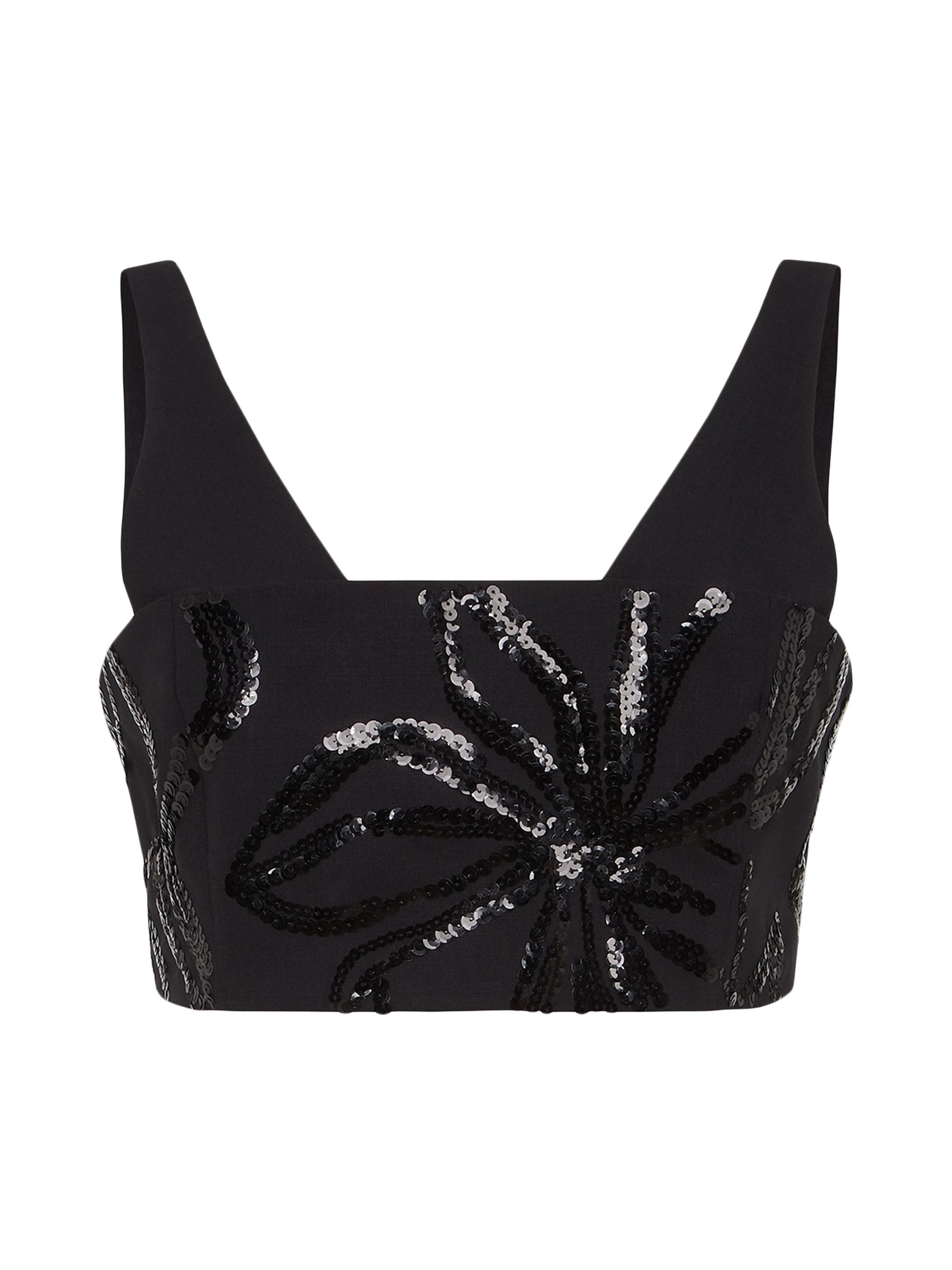 Brunello Cucinelli Women's Tropical Luxury Wool Crop Top with Dazzling Floral Embroidery - Black