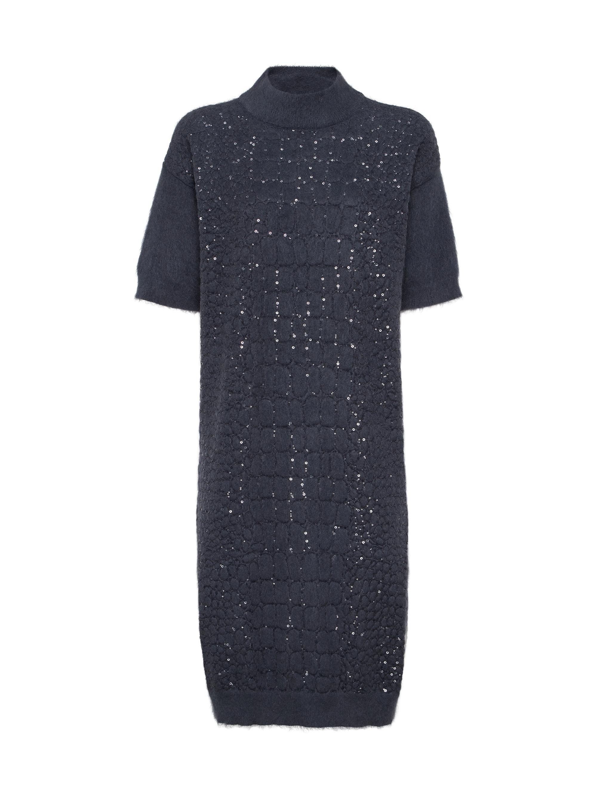 Brunello Cucinelli Women's Mohair Virgin Wool and Cashmere Knit Dress with Dazzling Croc Motif - Navy Blue