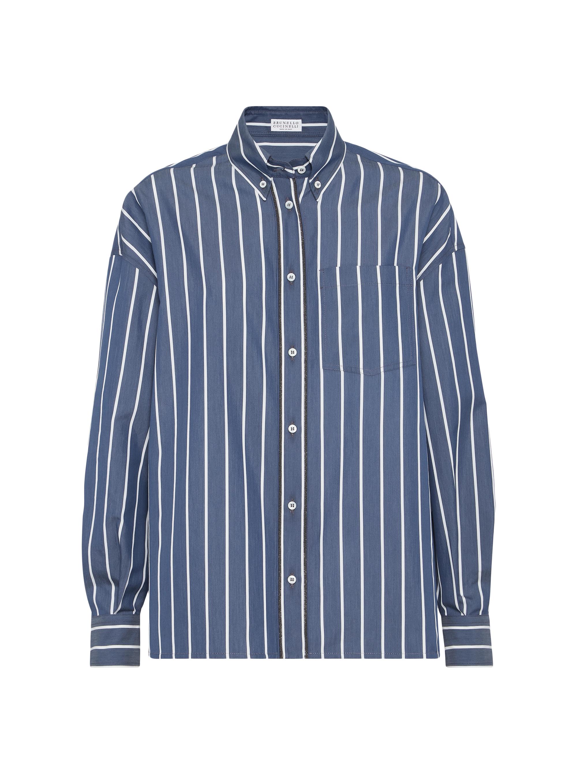 Brunello Cucinelli Women's Striped Cotton And Silk Poplin Shirt With Shiny Trims - Blue