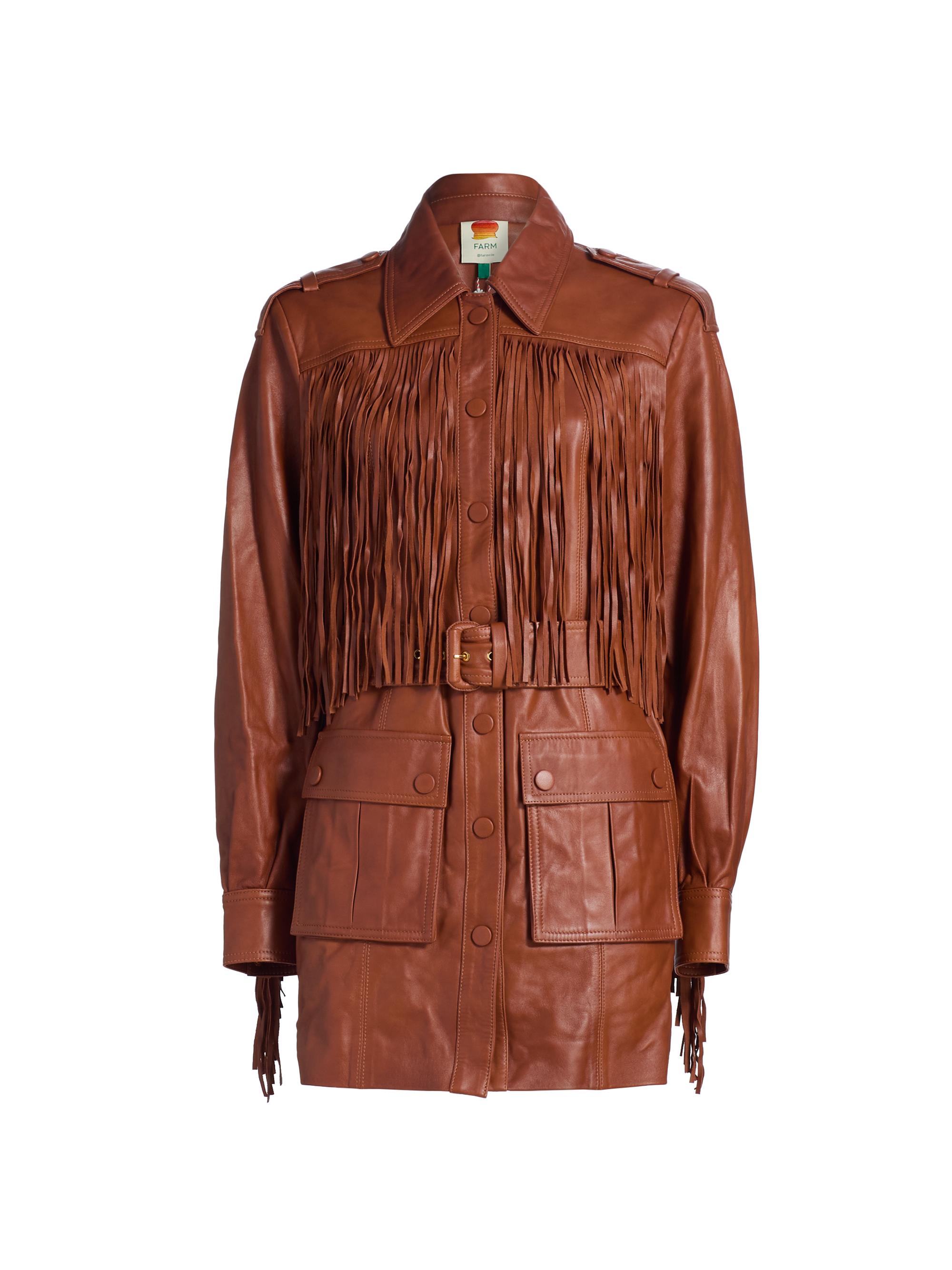 Farm Rio Women's Fringed Leather Belted Coat - Brown