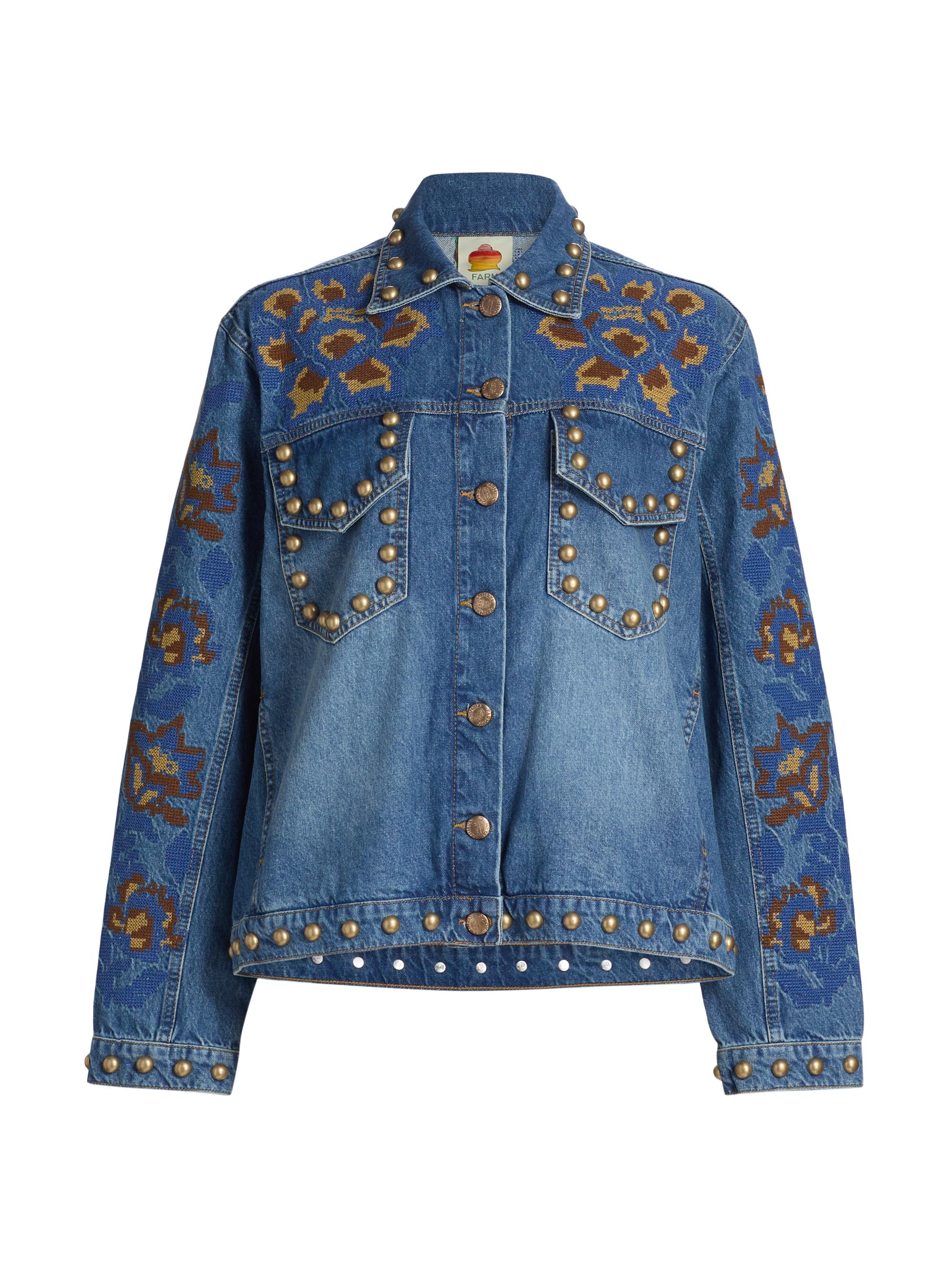 Farm Rio Women's Studded Floral Denim Jacket - Denim