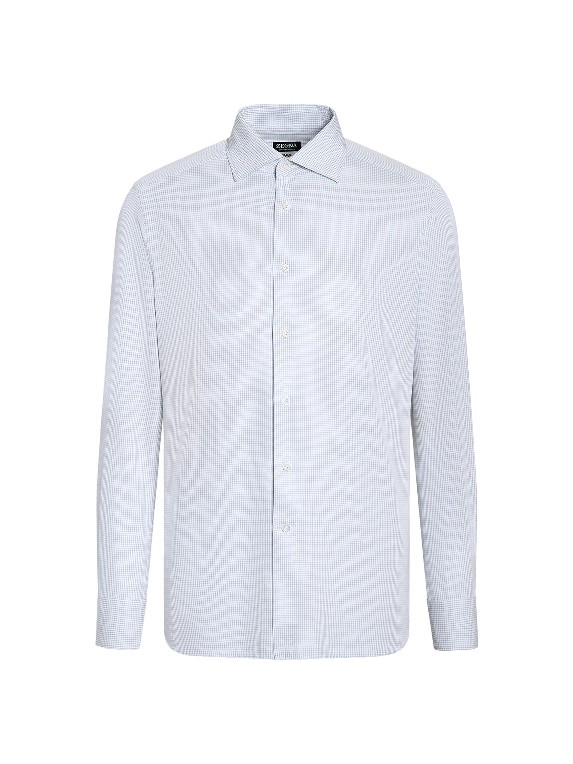 ZEGNA Men's Checked Centoventimila Cotton Shirt - Light Blue White