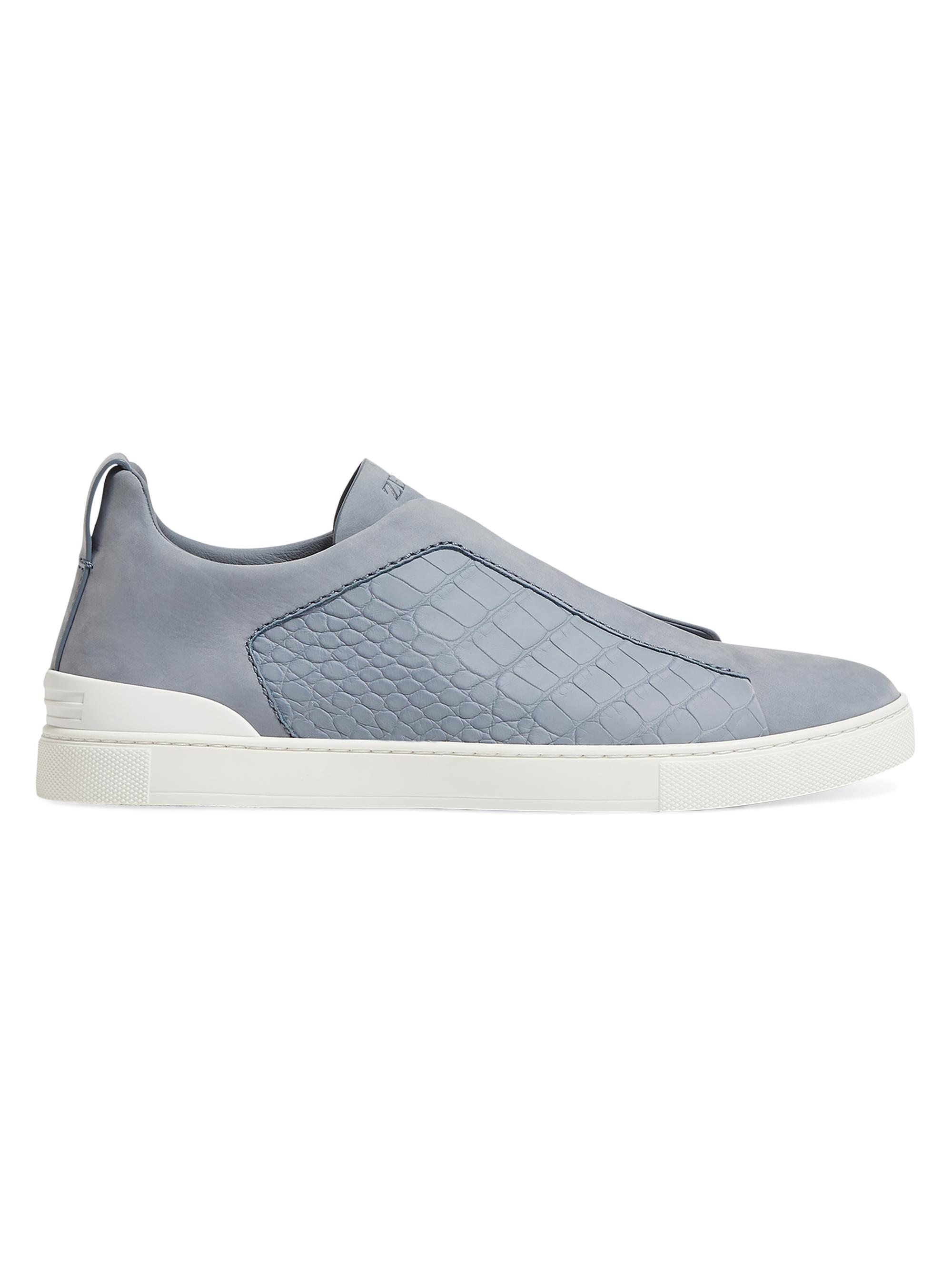 ZEGNA Men's Nubuck and Alligator Triple Stitch Sneakers - Light Blue
