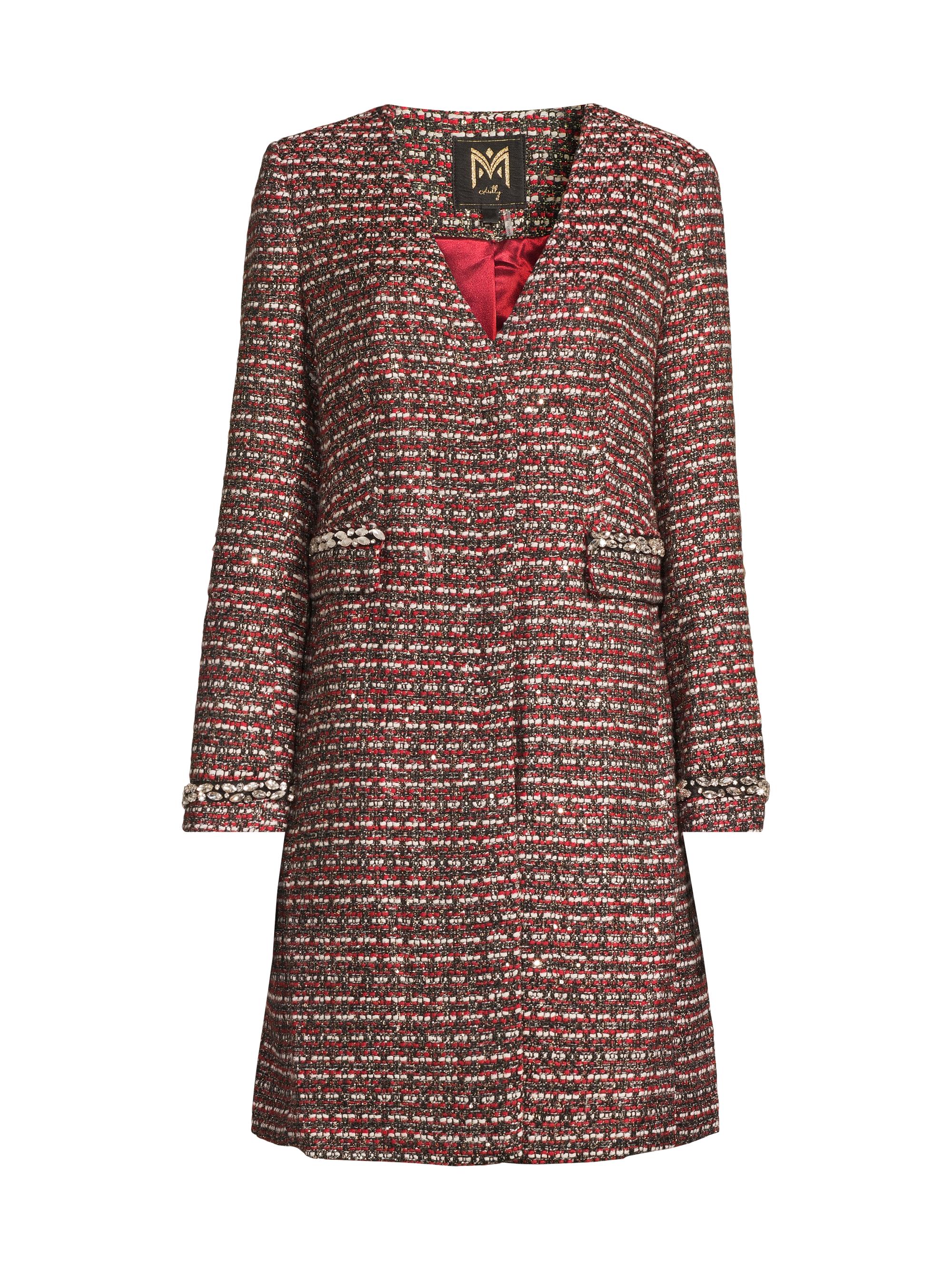 Milly Women's Collarless Tweed Coat - Red Tweed