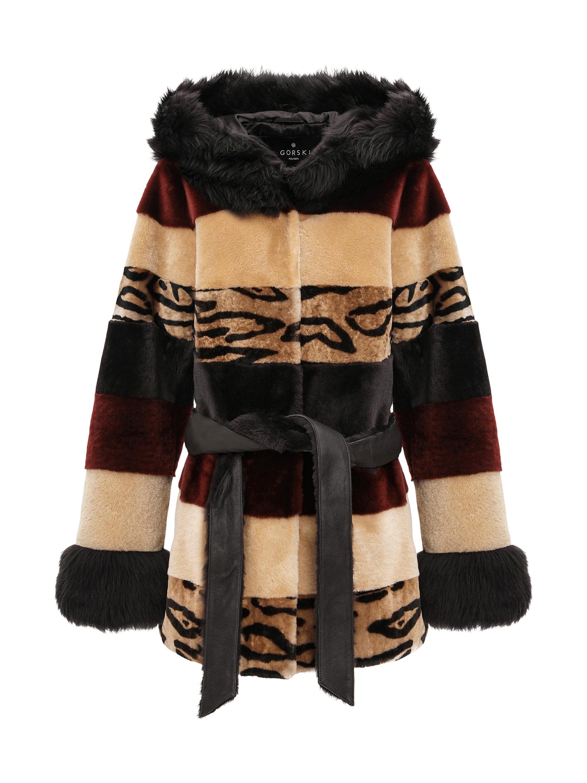 Gorski Women's Shearling Lamb Parka with Merinillo Shearling Lamb Hood Trim & Cuffs, Belt - Wine Multi