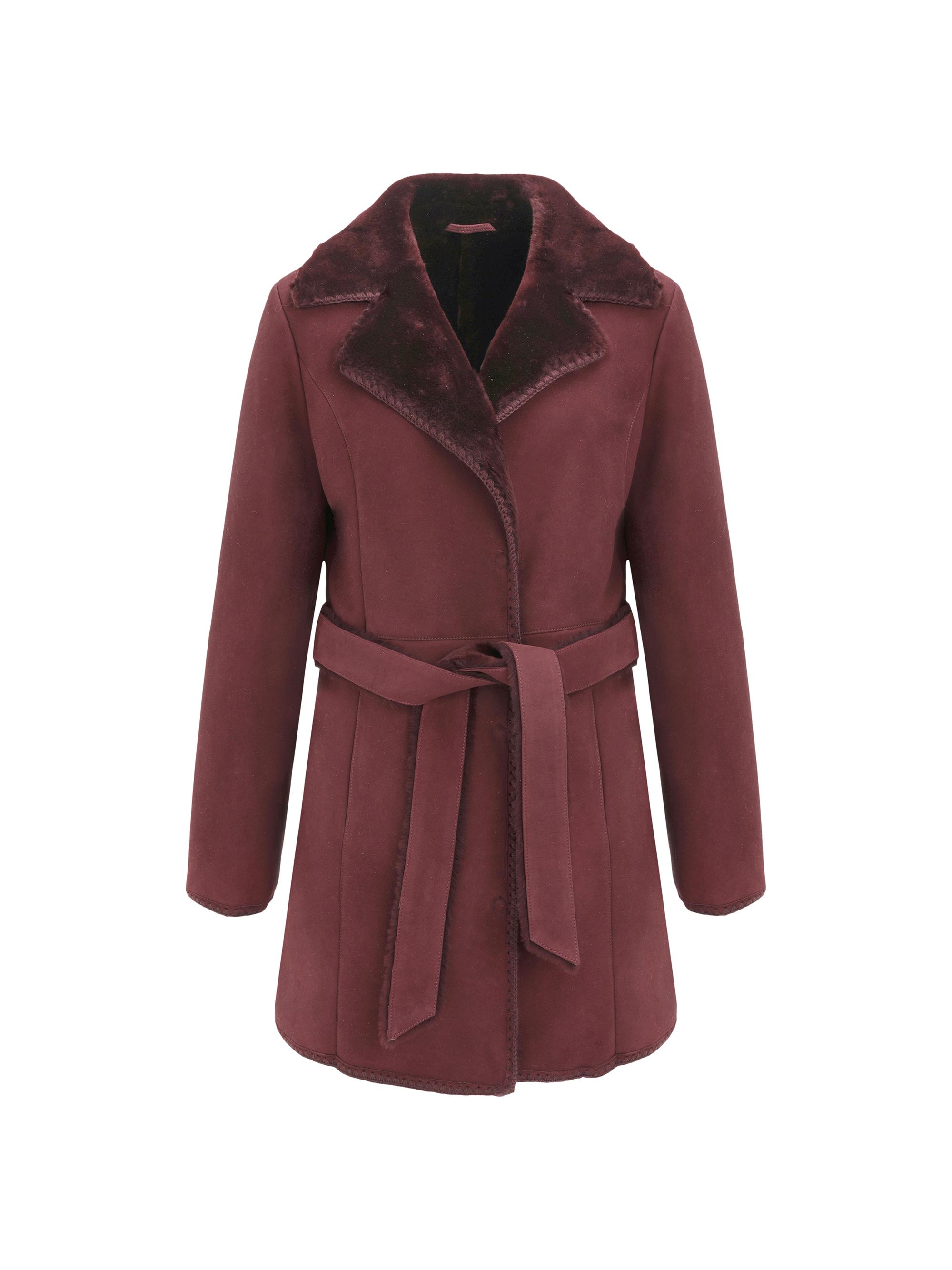 Gorski Women's Merino Shearling Lamb Stroller with Embroidered Trim Belt - Burgundy