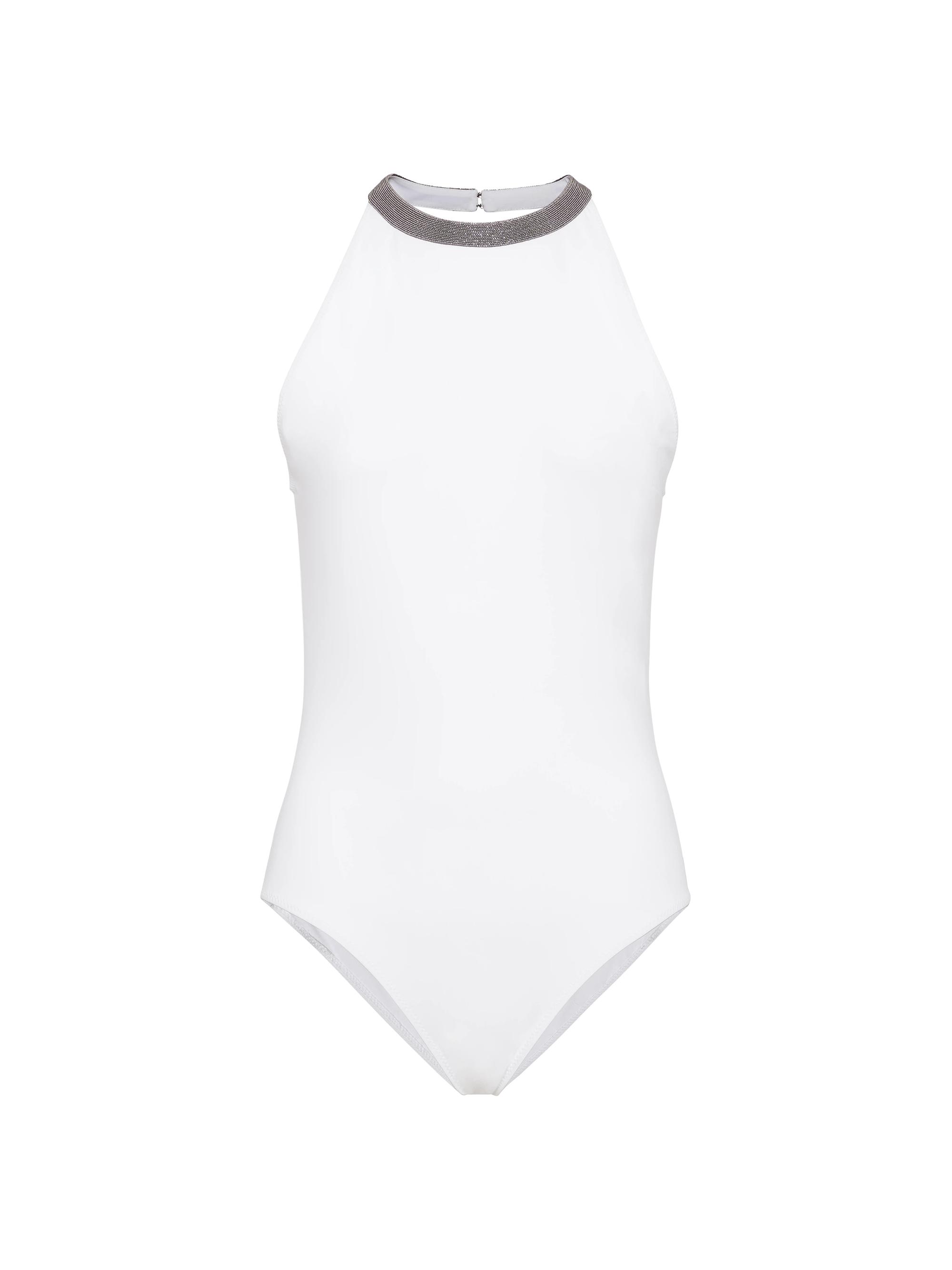 Brunello Cucinelli Women's Techno Jersey Bathing Suit with Precious Collar - White