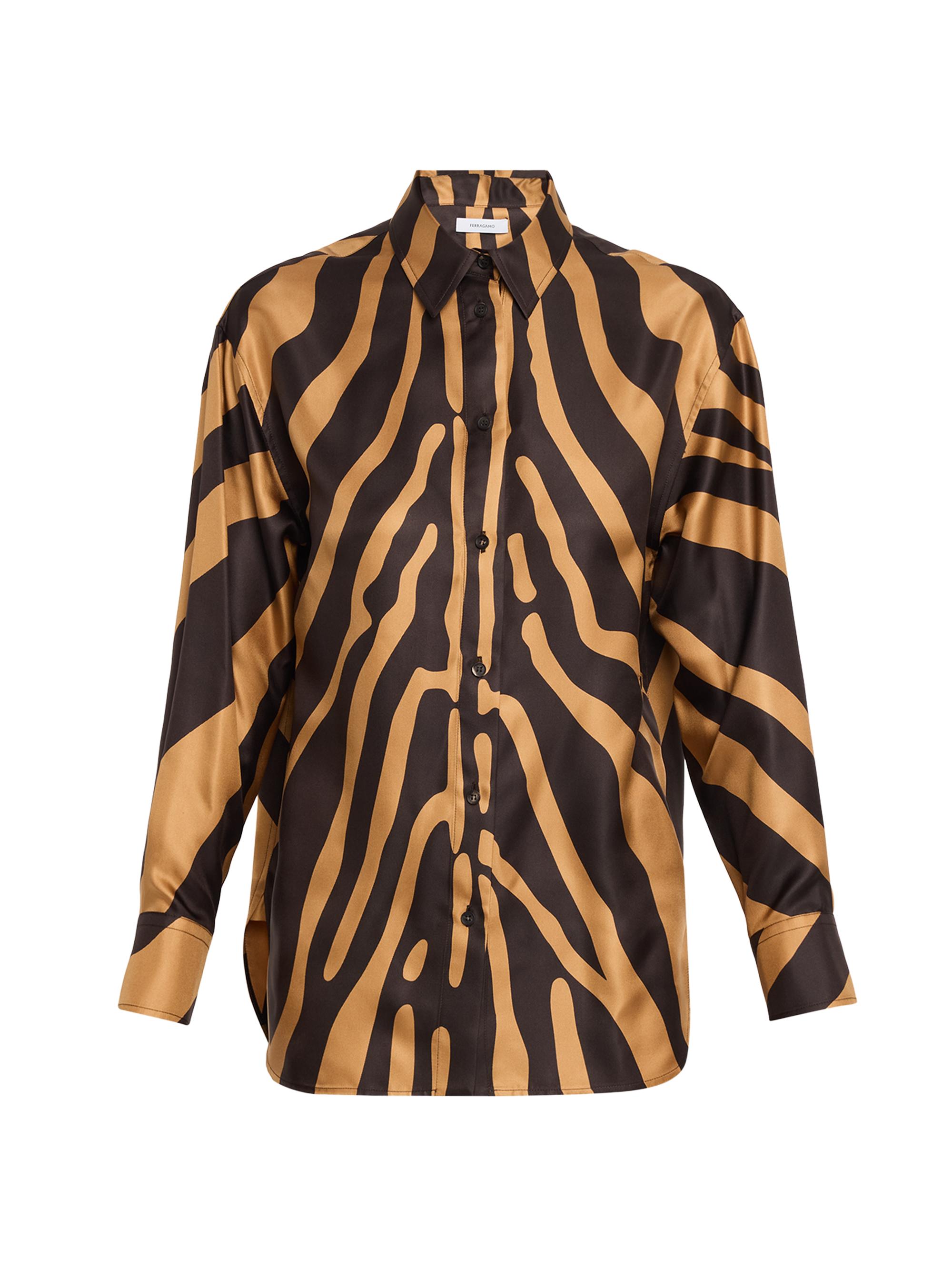 FERRAGAMO Women's Zebra-Print Silk Button-Front Shirt - Camel Dark Espresso