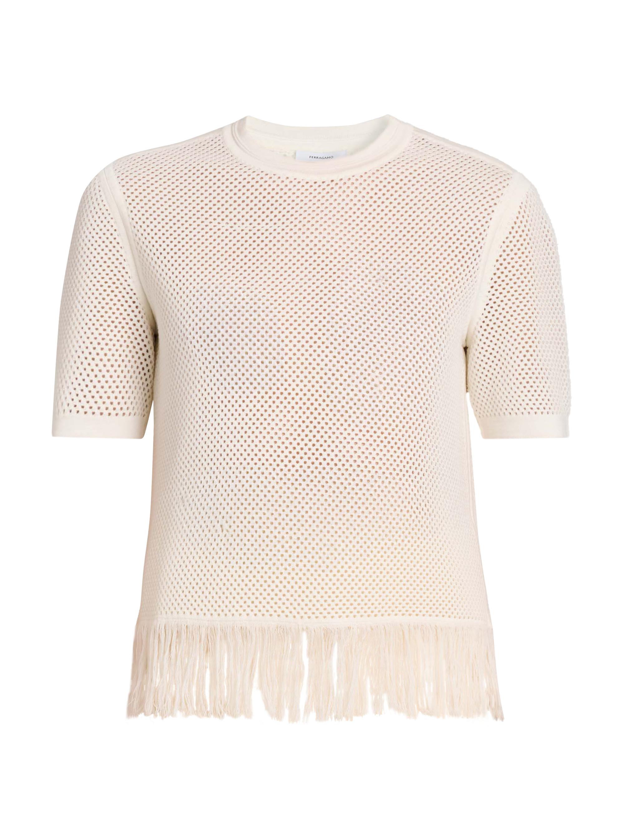 FERRAGAMO Women's Virgin Wool Mesh-Knit Fringe Sweater - White