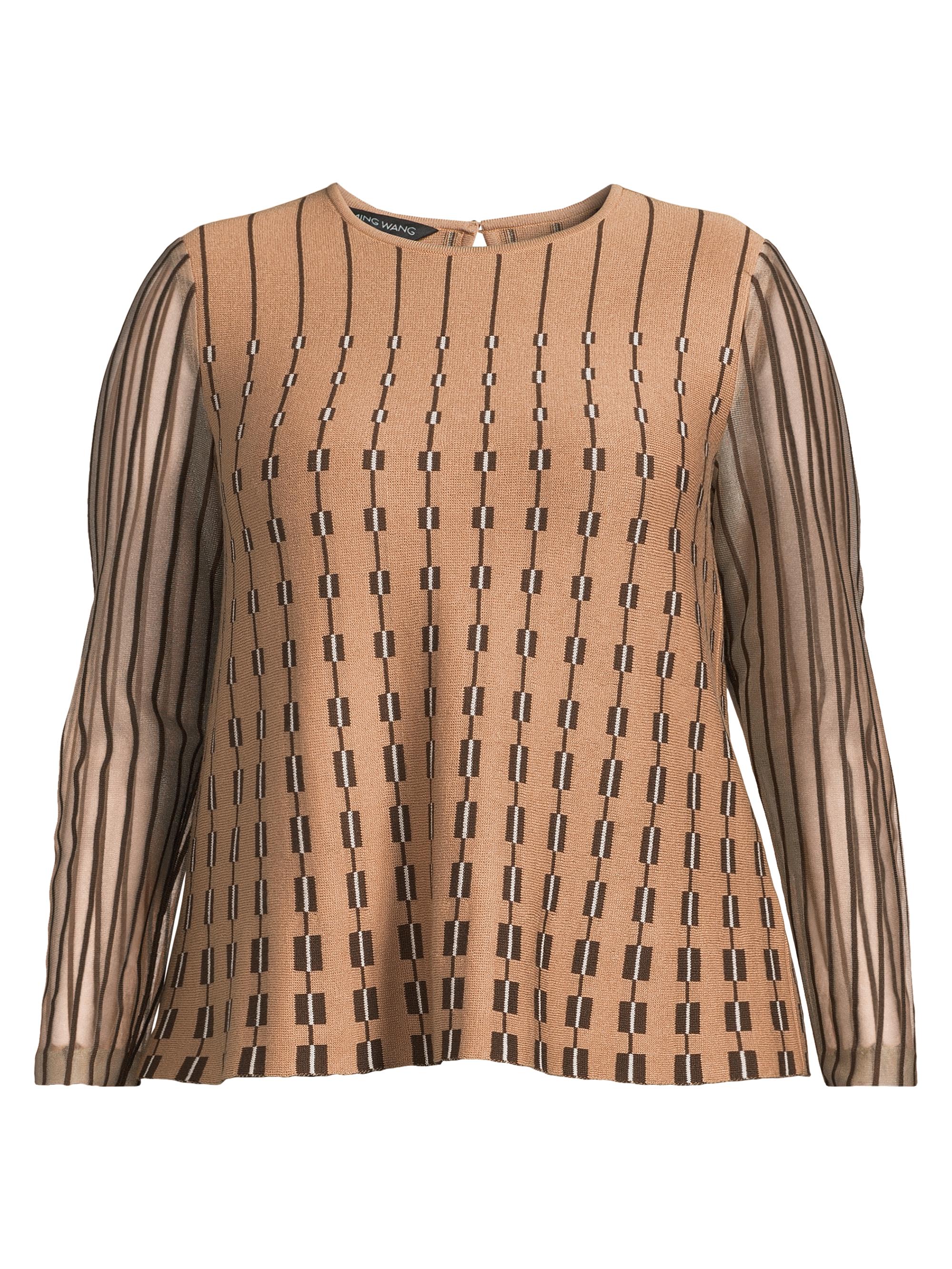 Ming Wang Women's Plus A-Line Linear Pattern Soft Knit Top - Warm Taupe Dark