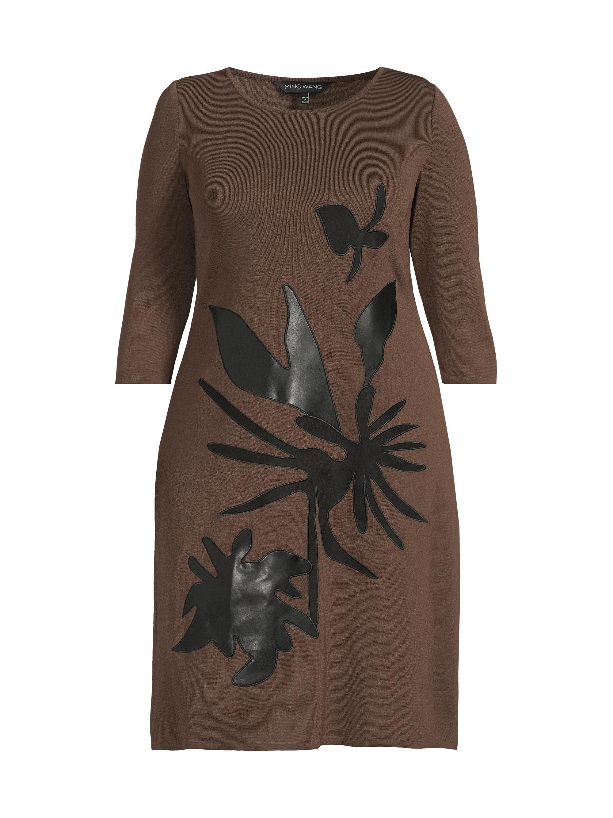 Ming Wang Women's Plus Botanical Appliqué Knit Knee-Length Dress - Dark Umber Black