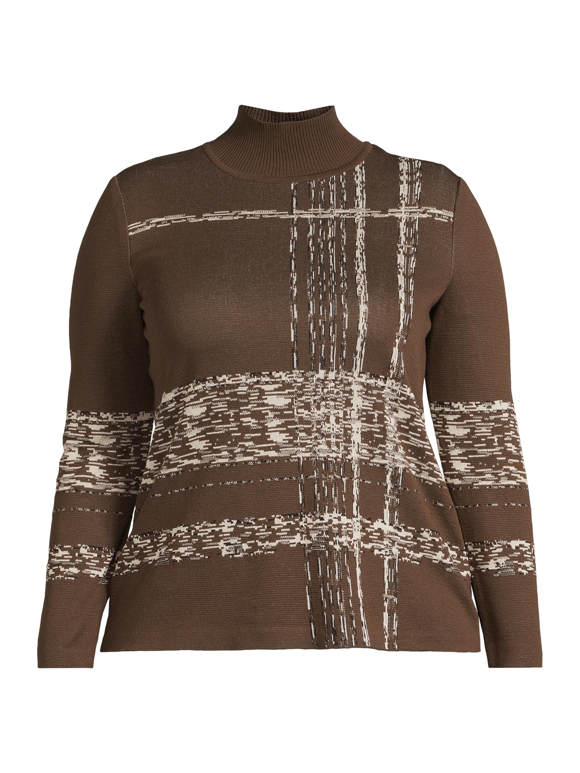 Ming Wang Women's Plus Jacquard Soft Knit Mock-Turtleneck Tunic Top - Dark Umber