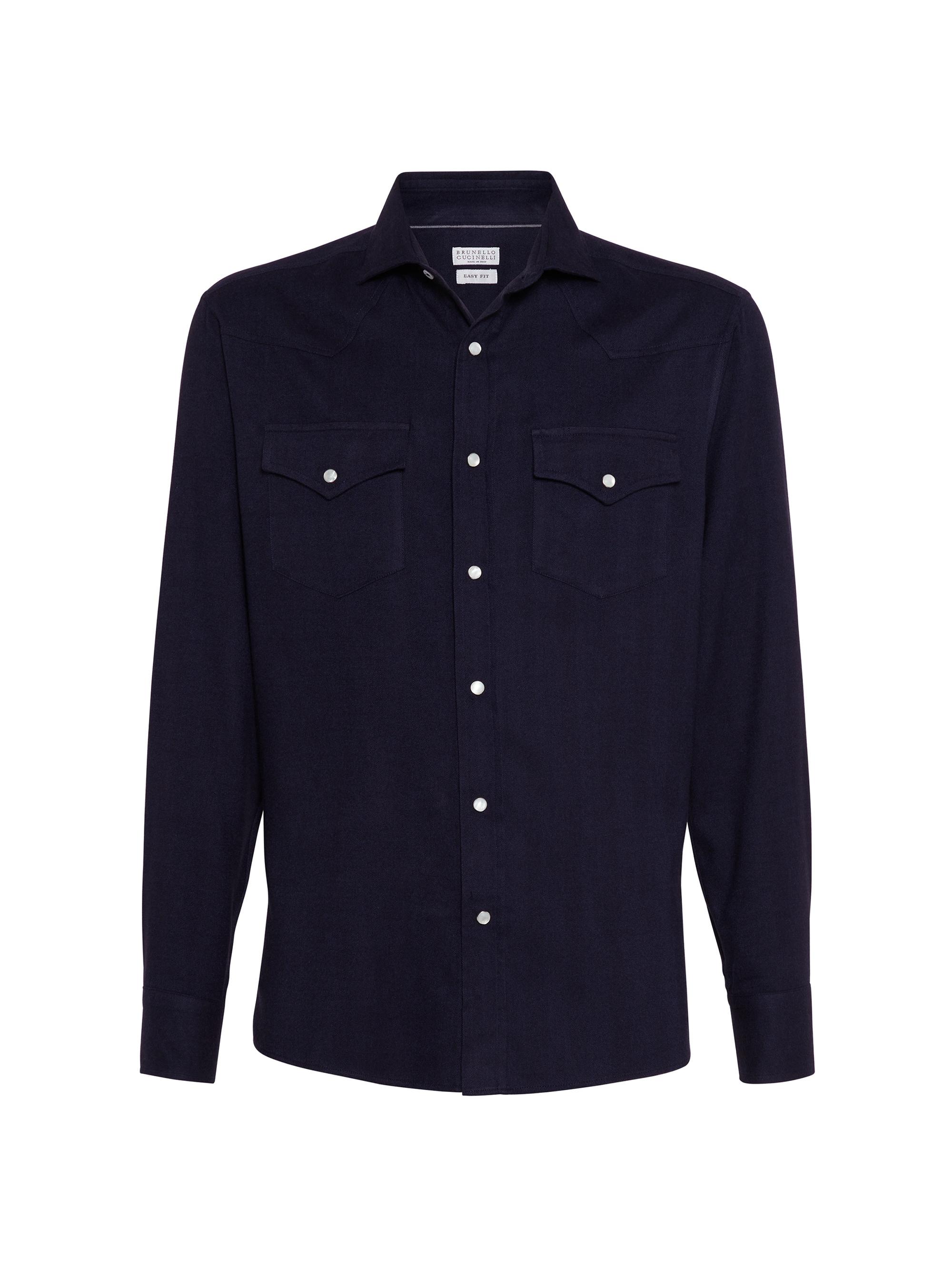 Brunello Cucinelli Men's Stretch Cotton Chevron Flannel Easy Fit Western Shirt - Navy Blue