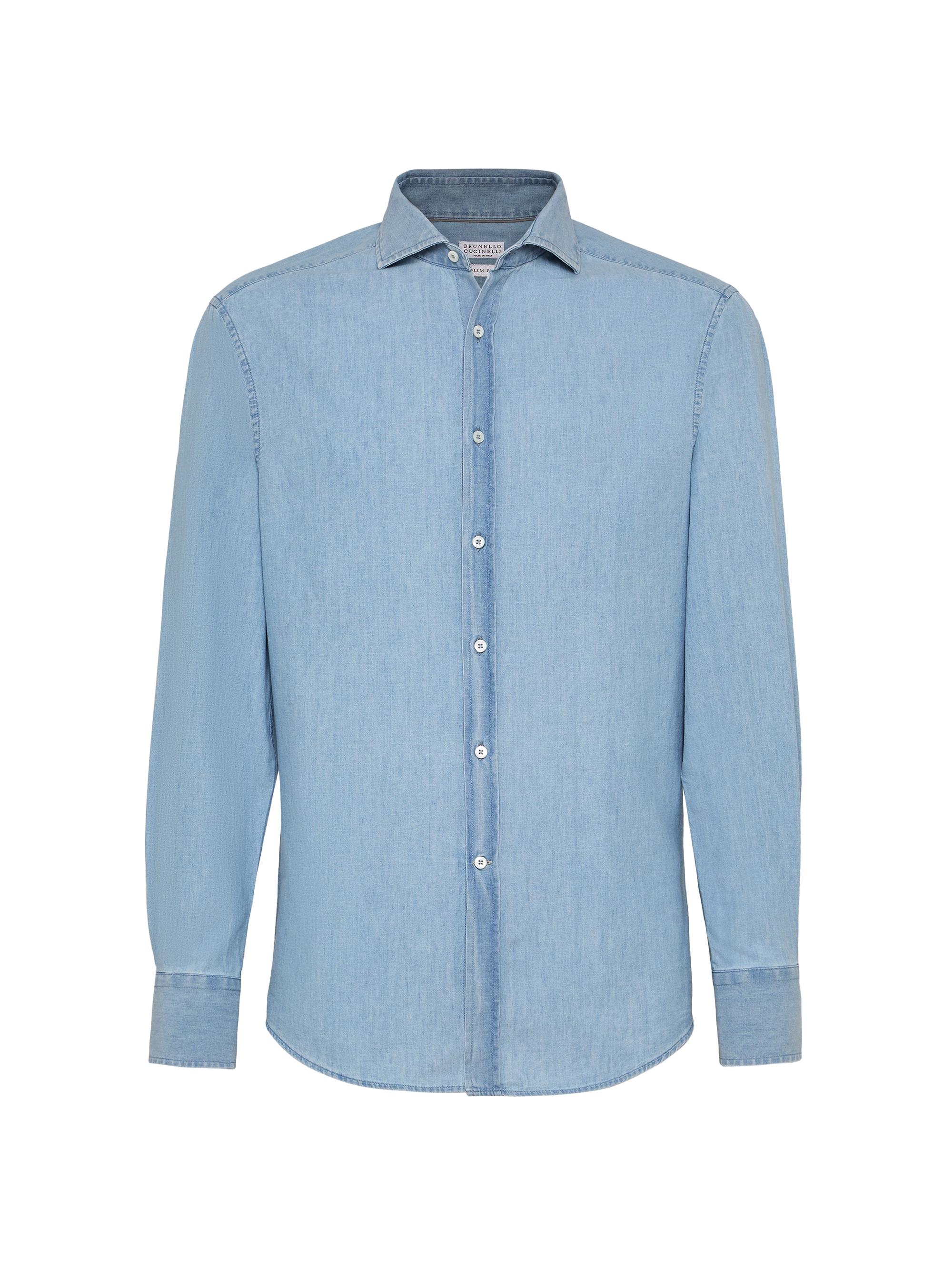 Brunello Cucinelli Men's Denim Effect Chambray Slim Fit Shirt - Medium Denim