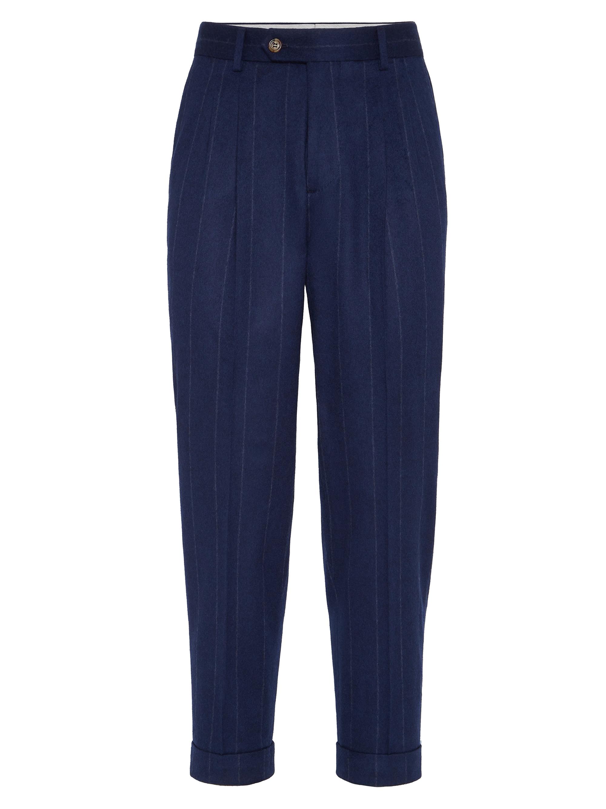 Brunello Cucinelli Men's Wide Chalk Stripe Flannel Leisure Fit Trousers - Avio Blue