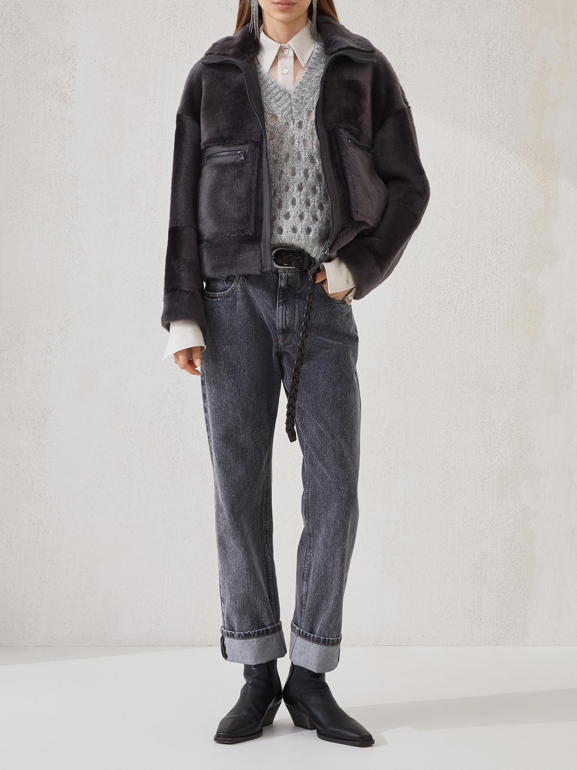 Brunello Cucinelli Shearling Outerwear Jacket with Shiny Zipper