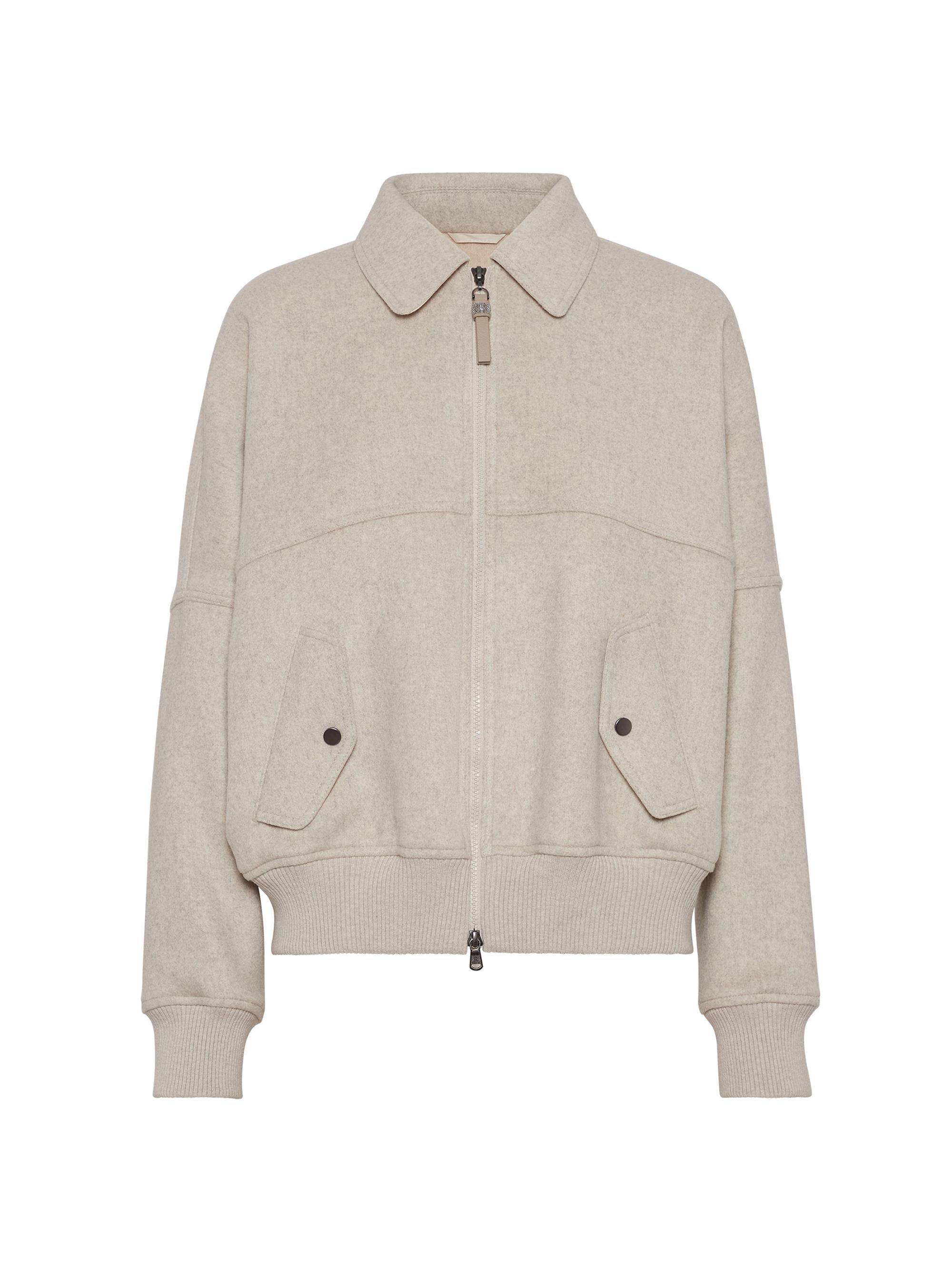 Brunello Cucinelli Women's Cashmere wnd Wool Double Cloth Bomber Jacket with Shiny Zipper Pull - Cool Beige