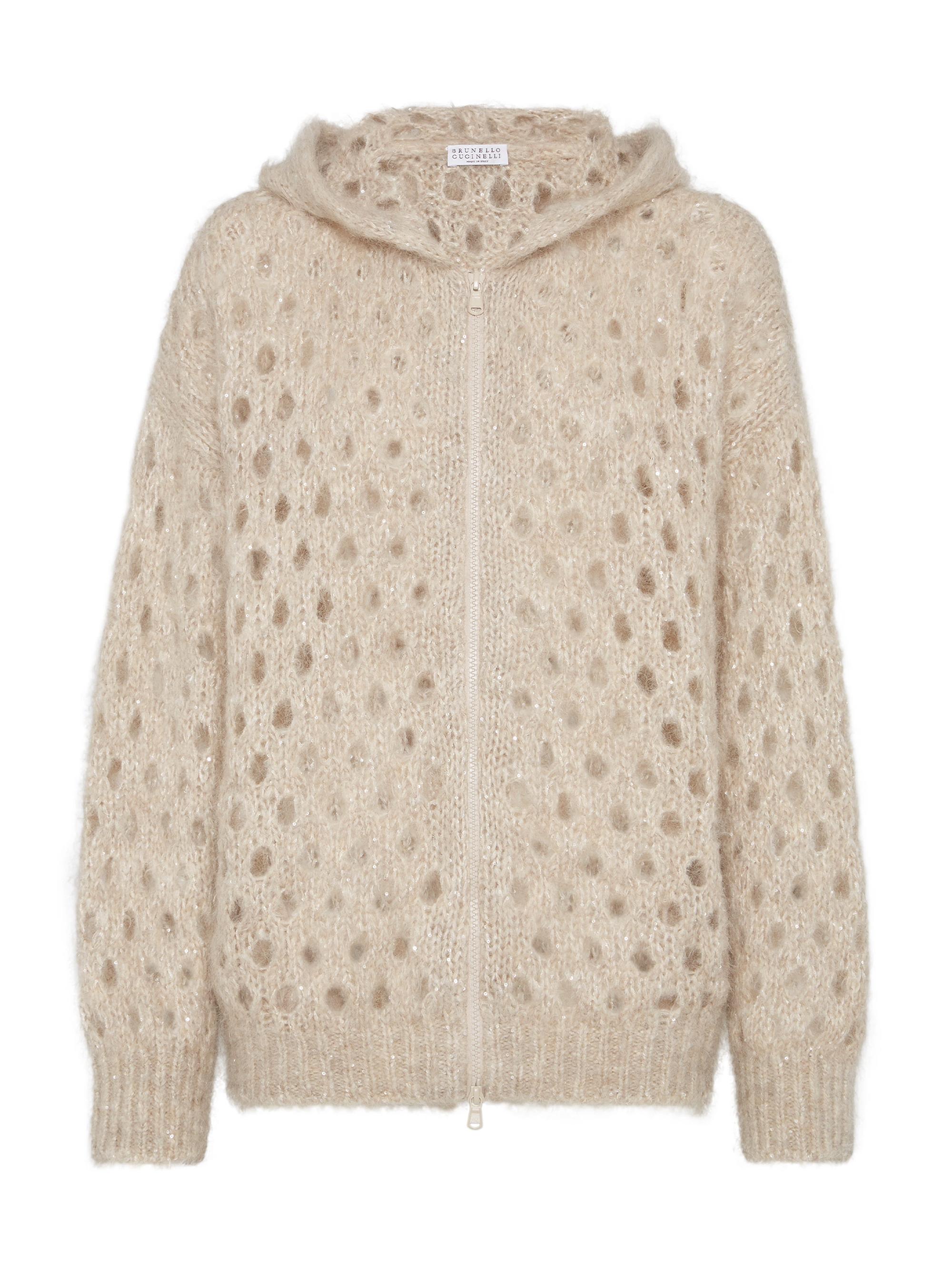 Brunello Cucinelli Women's Wispy Mohair and Wool Dazzling Net Cardigan with Hood - Beige