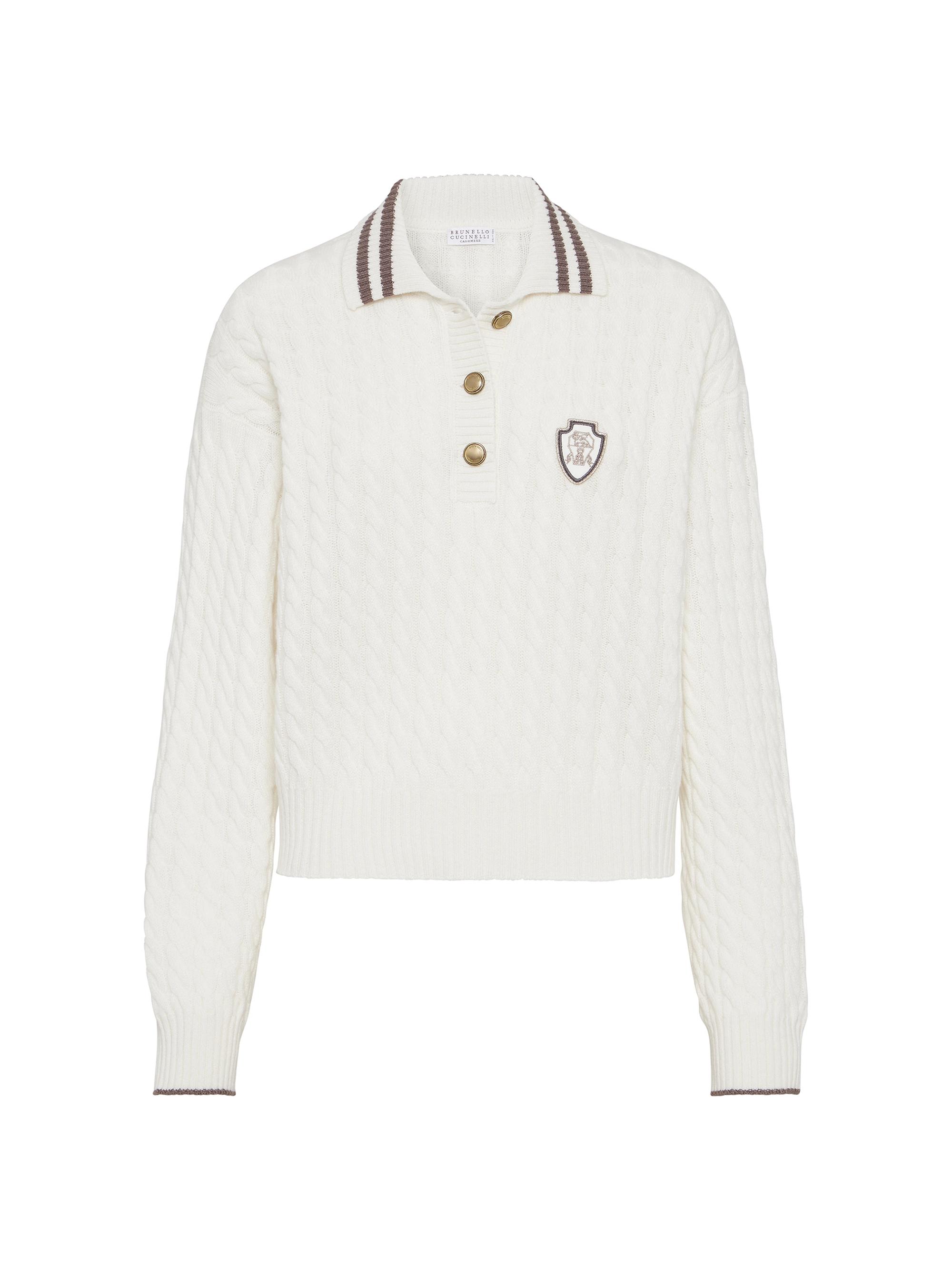 Brunello Cucinelli Women's Cashmere Cable Knit Polo Shirt with Logo and Metal Buttons - Panama