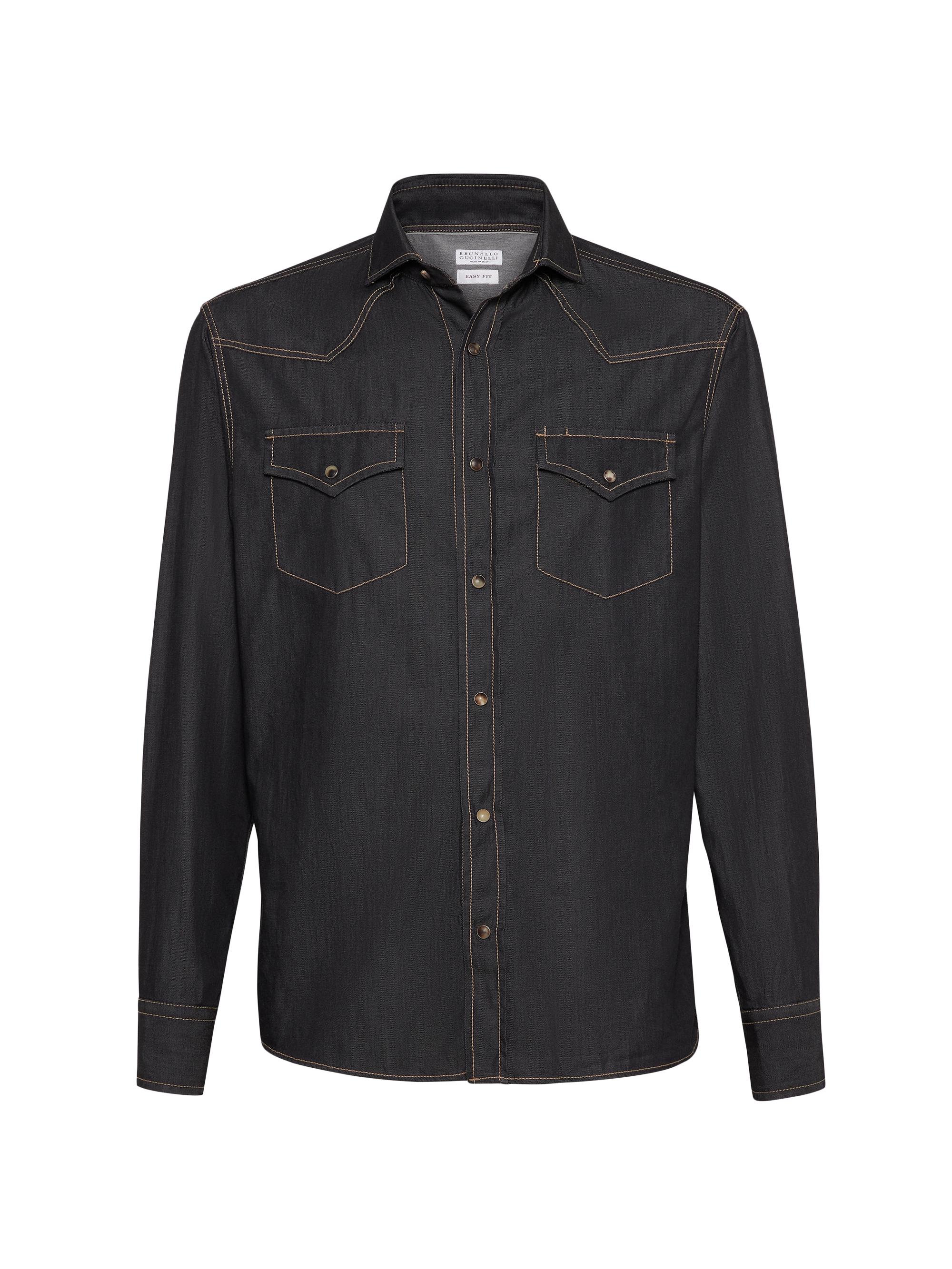 Brunello Cucinelli Men's Lightweight Denim Easy Fit Western Shirt - Dark Grey