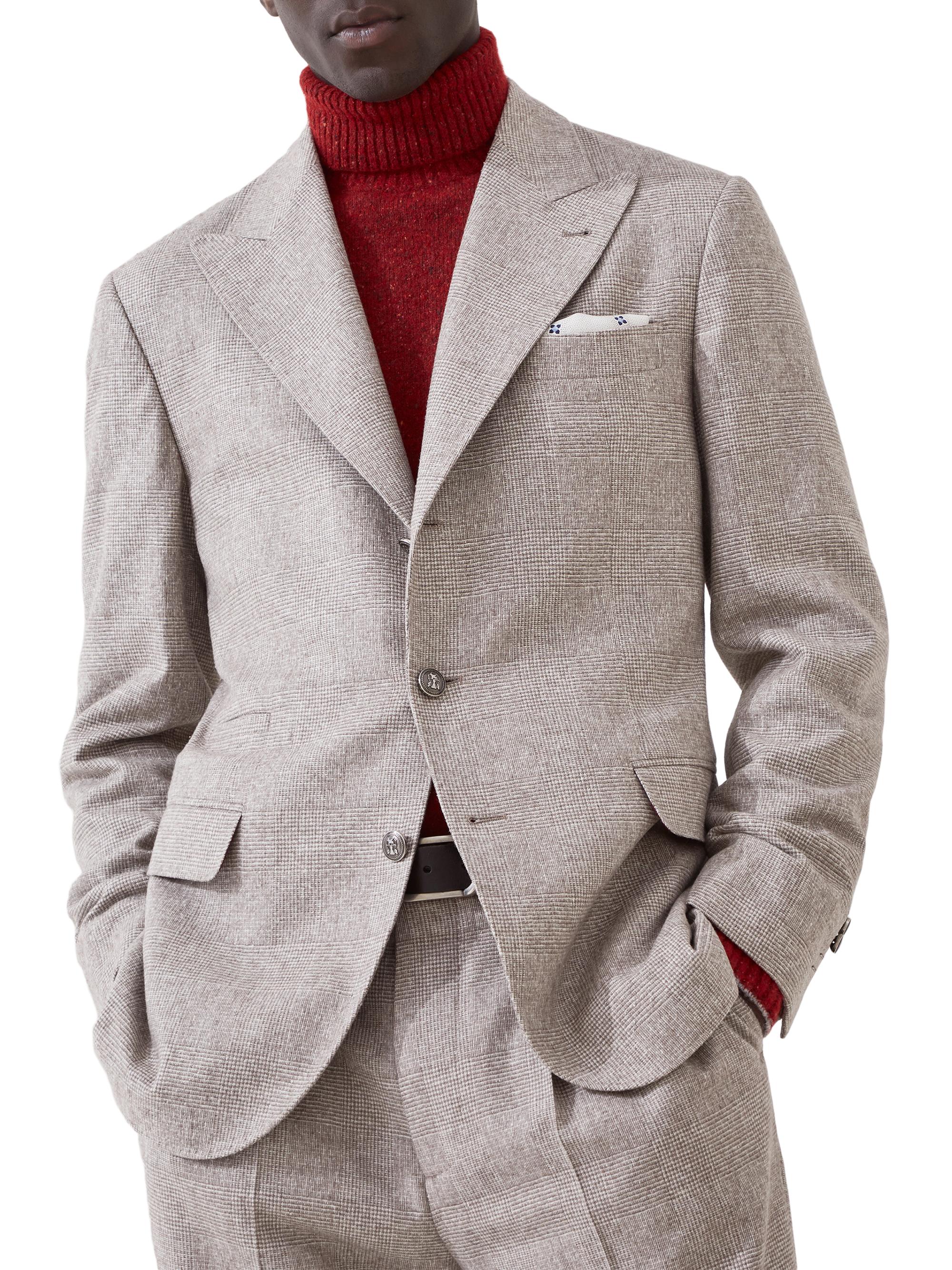 Brunello Cucinelli Men's Flecked Prince of Wales Flannel Deconstructed Blazer - Bark