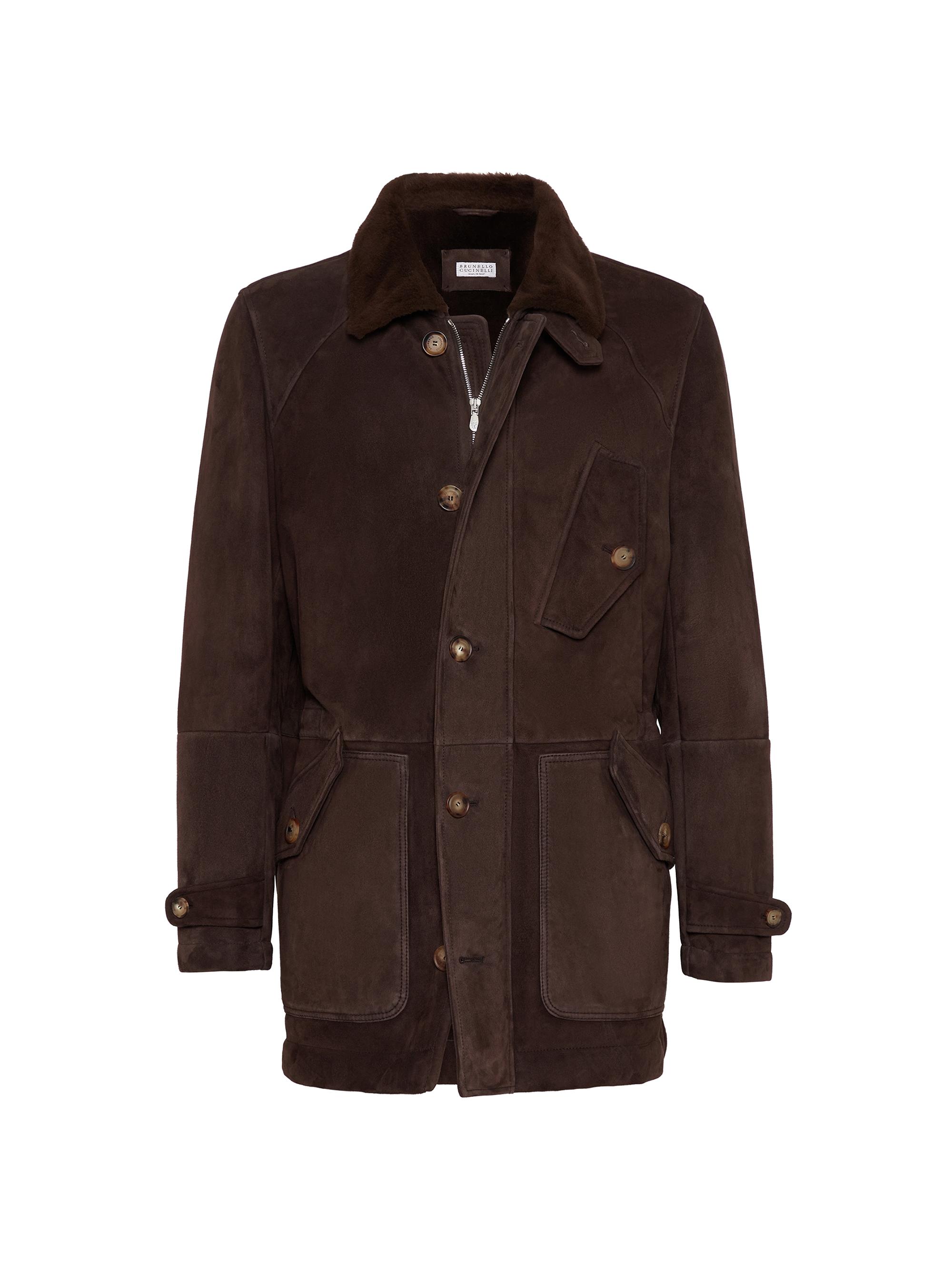 Brunello Cucinelli Men's Tone on Tone Suede Shearling Coat - Brown