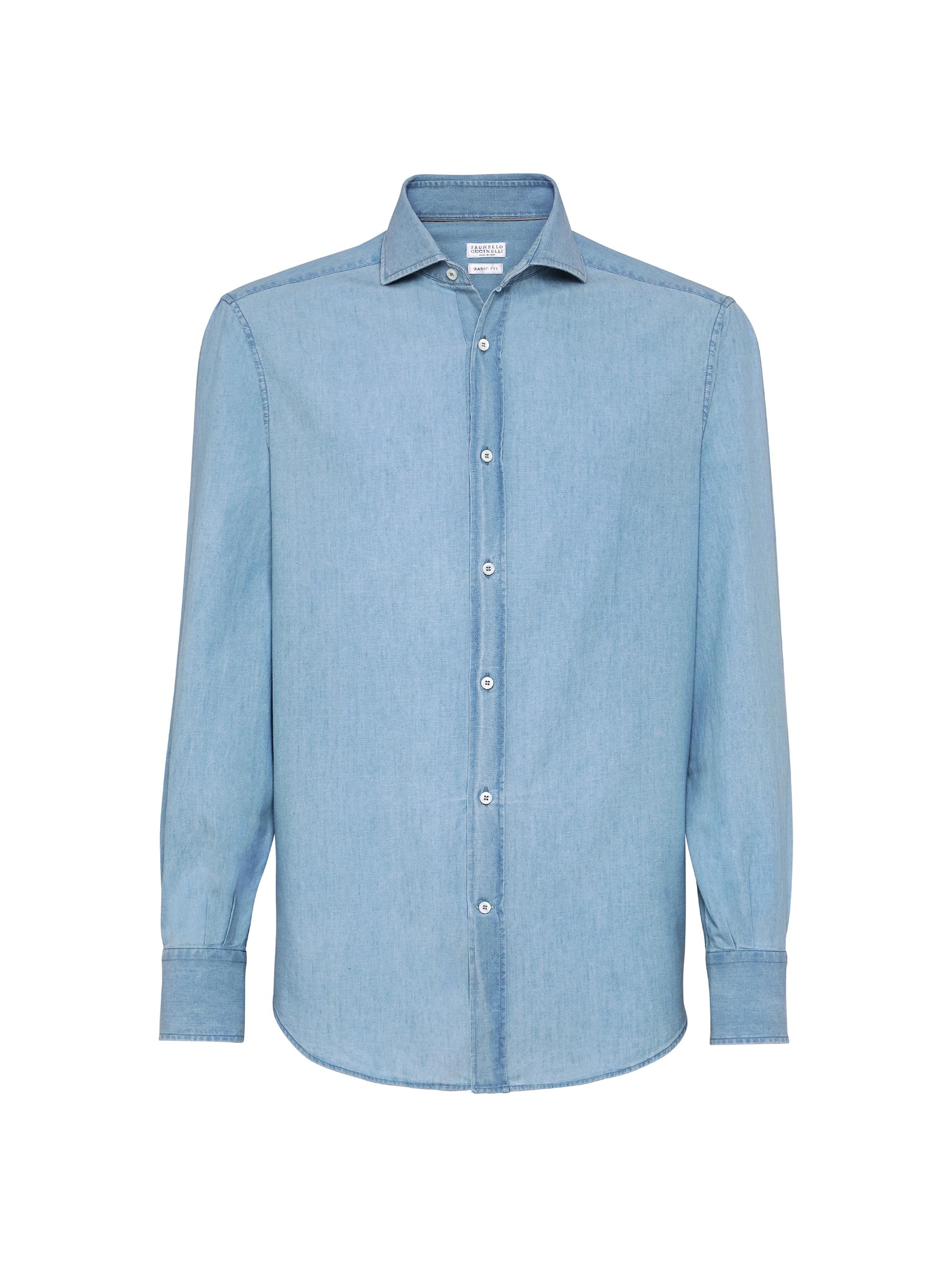 Brunello Cucinelli Men's Denim Effect Chambray Basic Fit Shirt with Spread Collar Denim