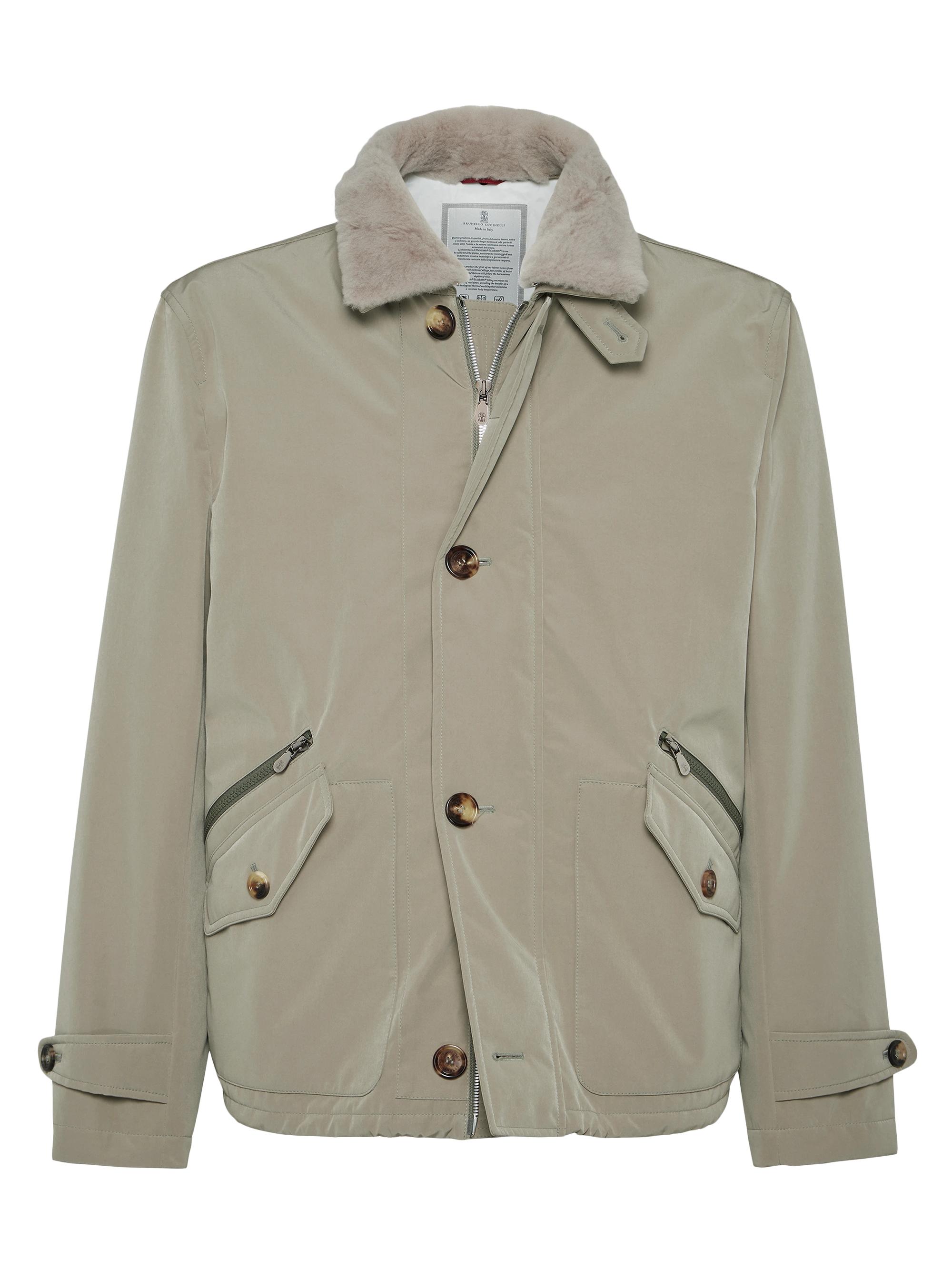Brunello Cucinelli Men's Bonded Nylon Outerwear Jacket with Detachable Shearling Insert - Khaki