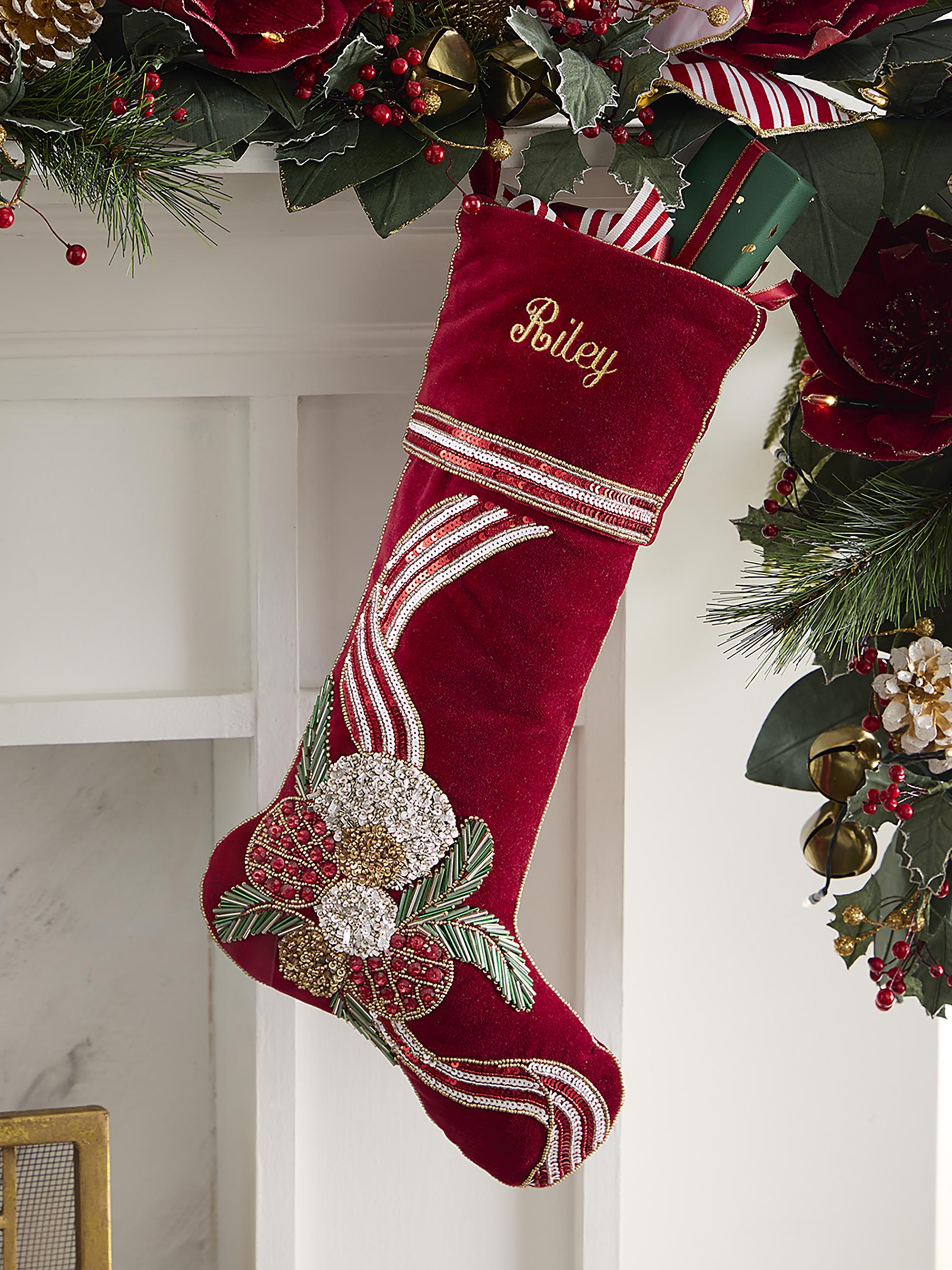Kim Seybert Beaded Pine Berry Cotton Christmas Stocking - Red Green Gold