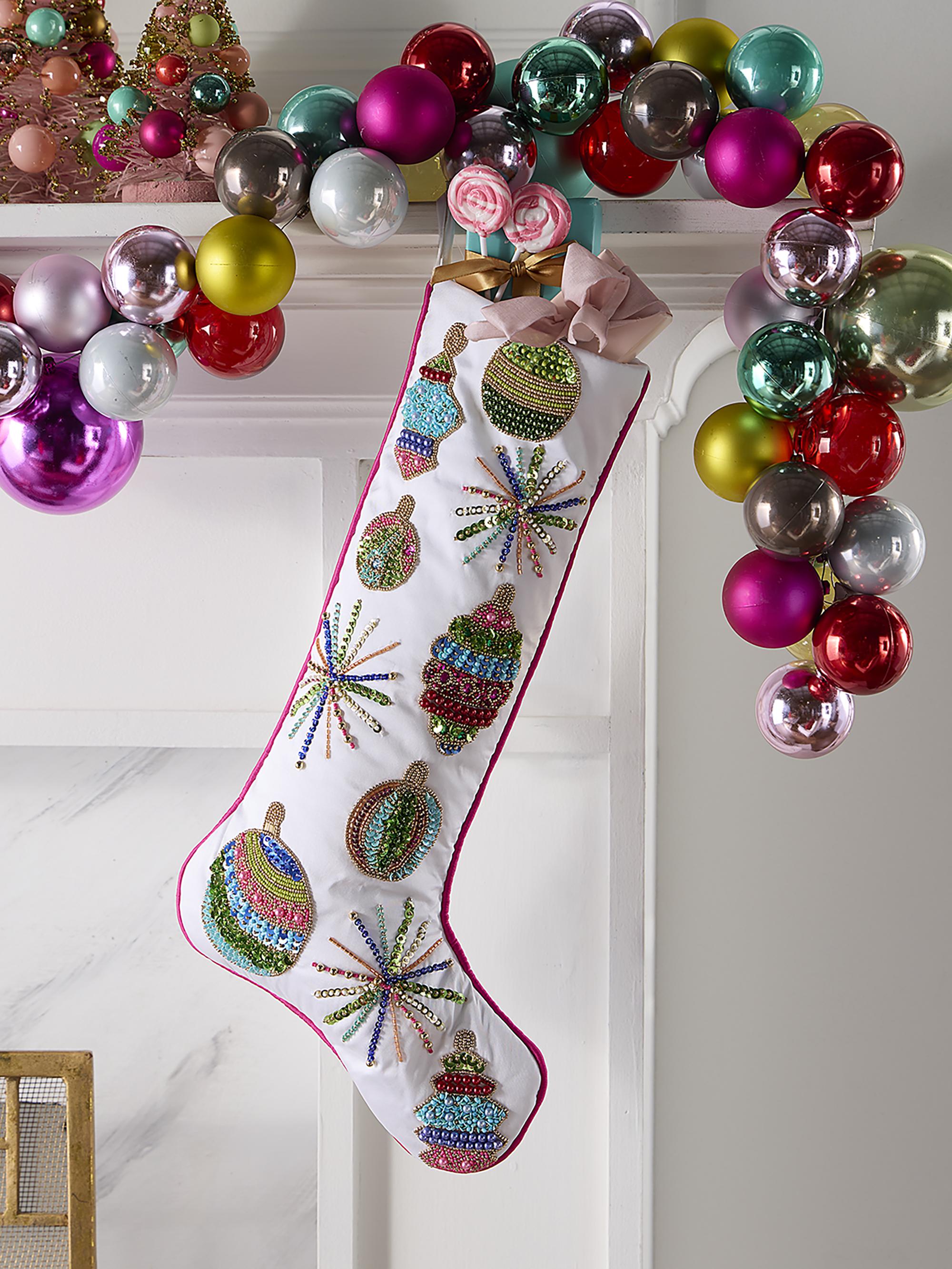 Kim Seybert Holly Jolly Beaded Stocking - White Multi