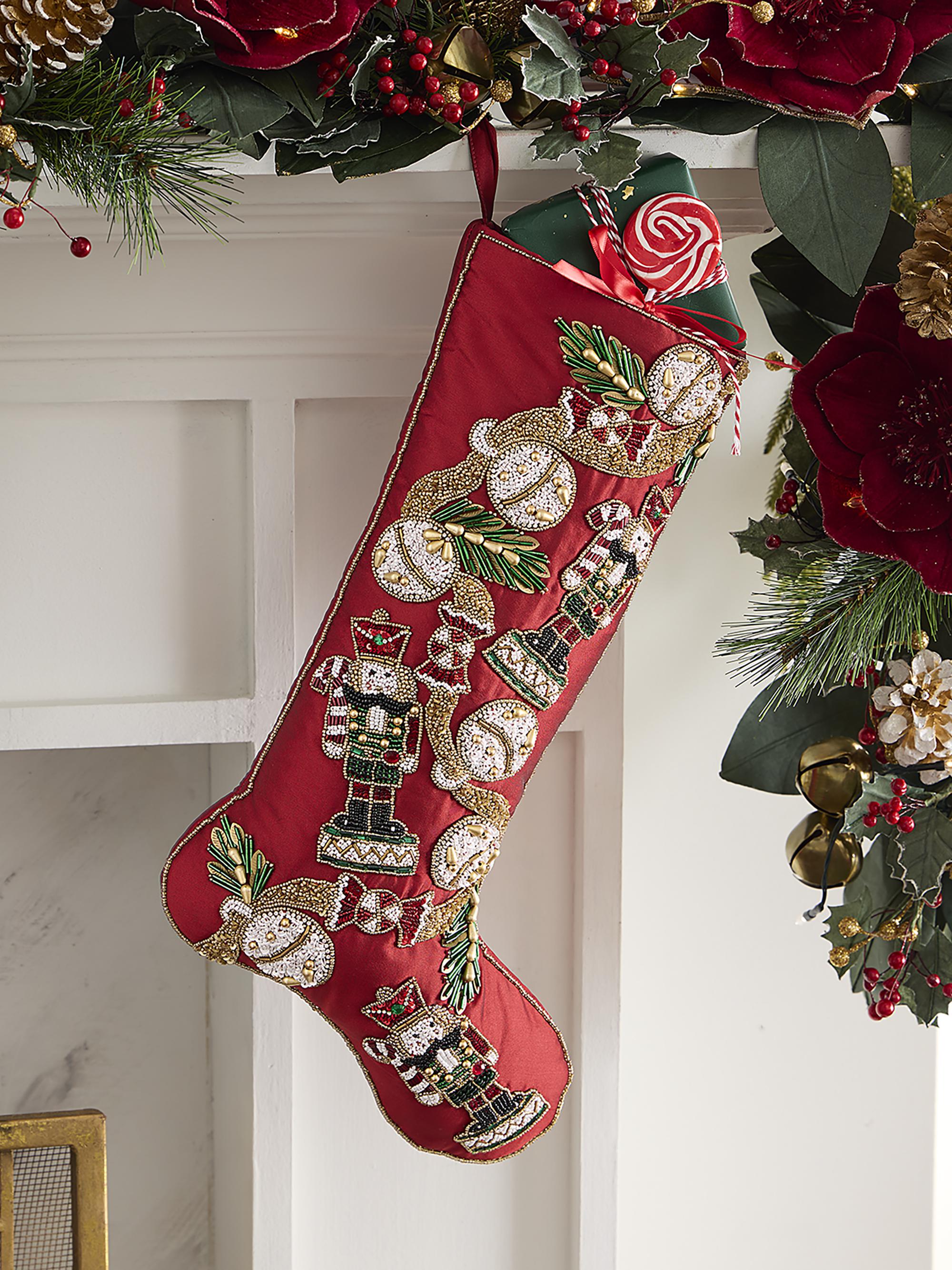 Kim Seybert Jingle Bells Beaded Christmas Stocking - White Red Green