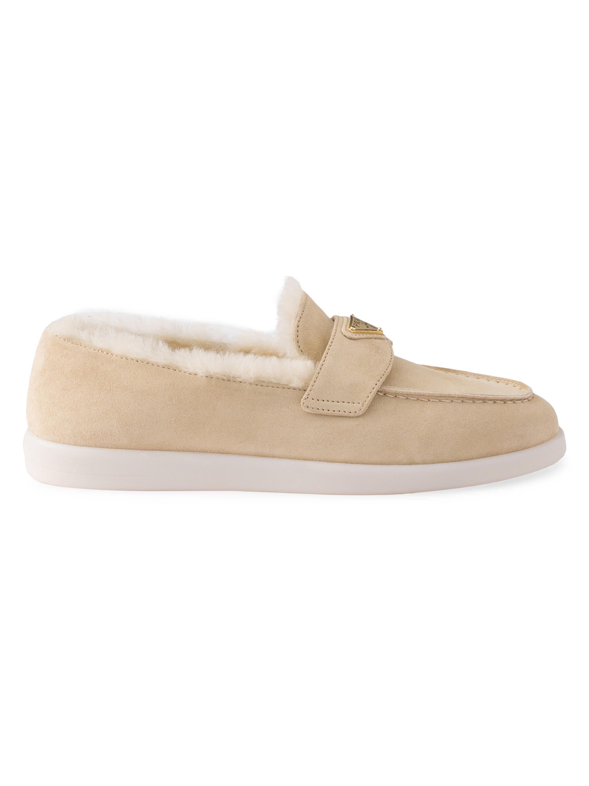 Prada Women's Suede and Shearling Loafers - Beige Khaki
