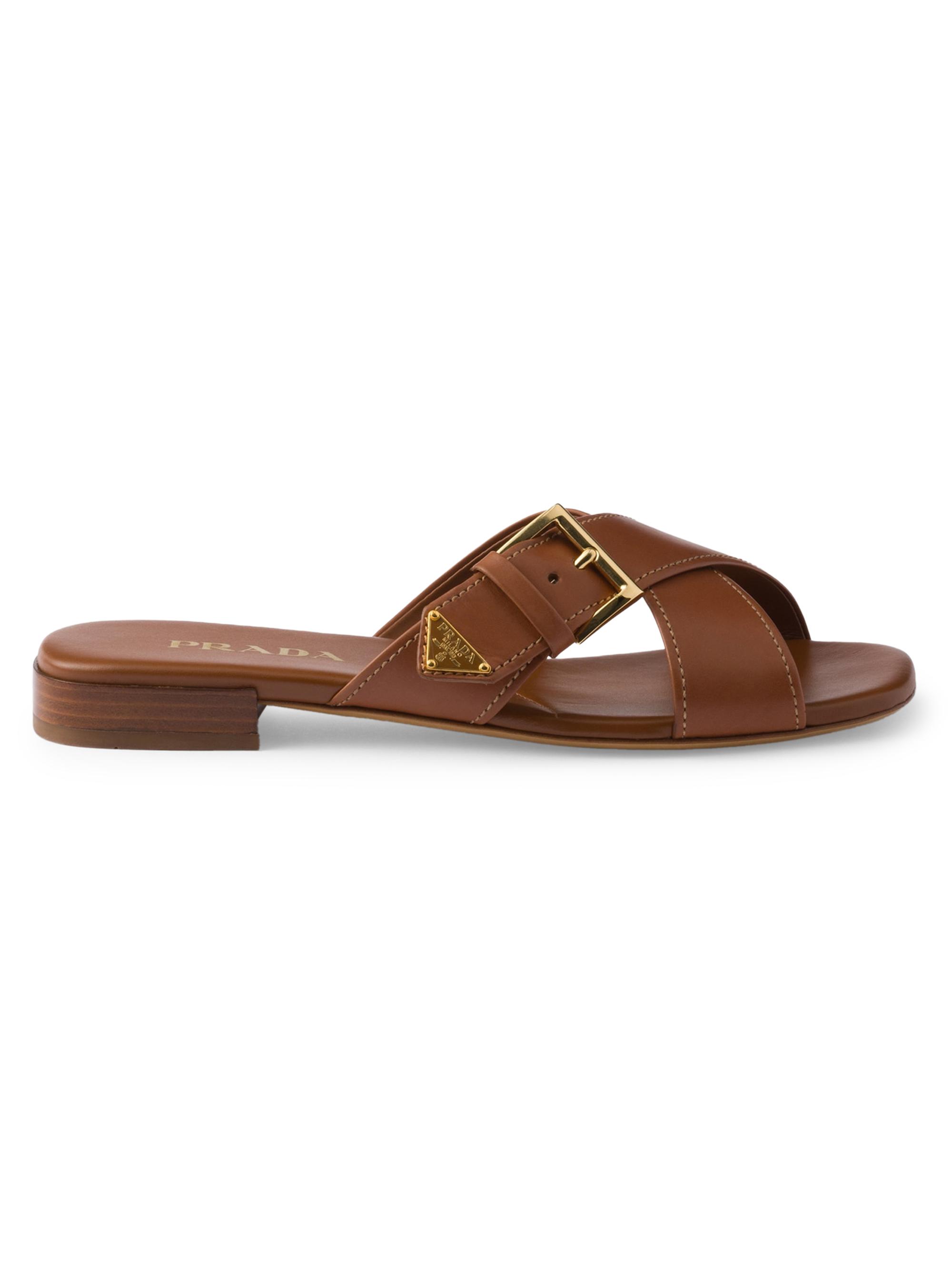 Prada Women's Leather Crisscross Slides with Buckle - Brown