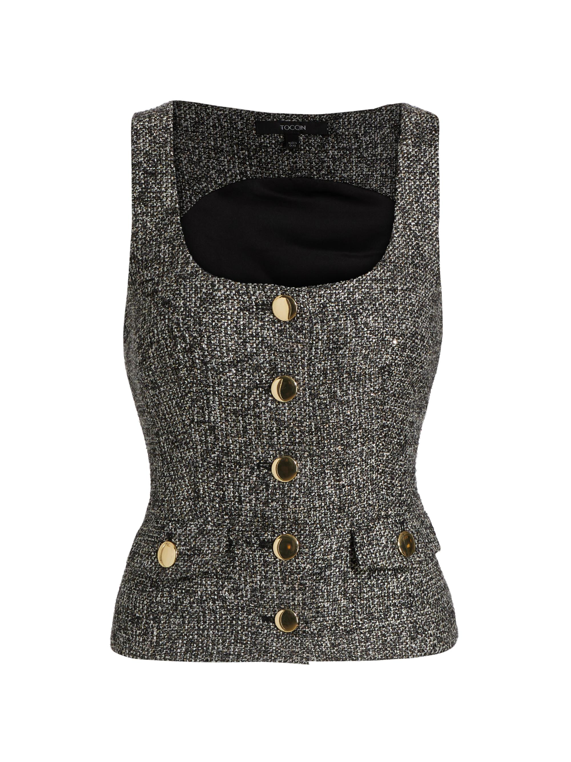 Toccin Women's Georgia Tweed Button-Front Top - Charcoal Multi