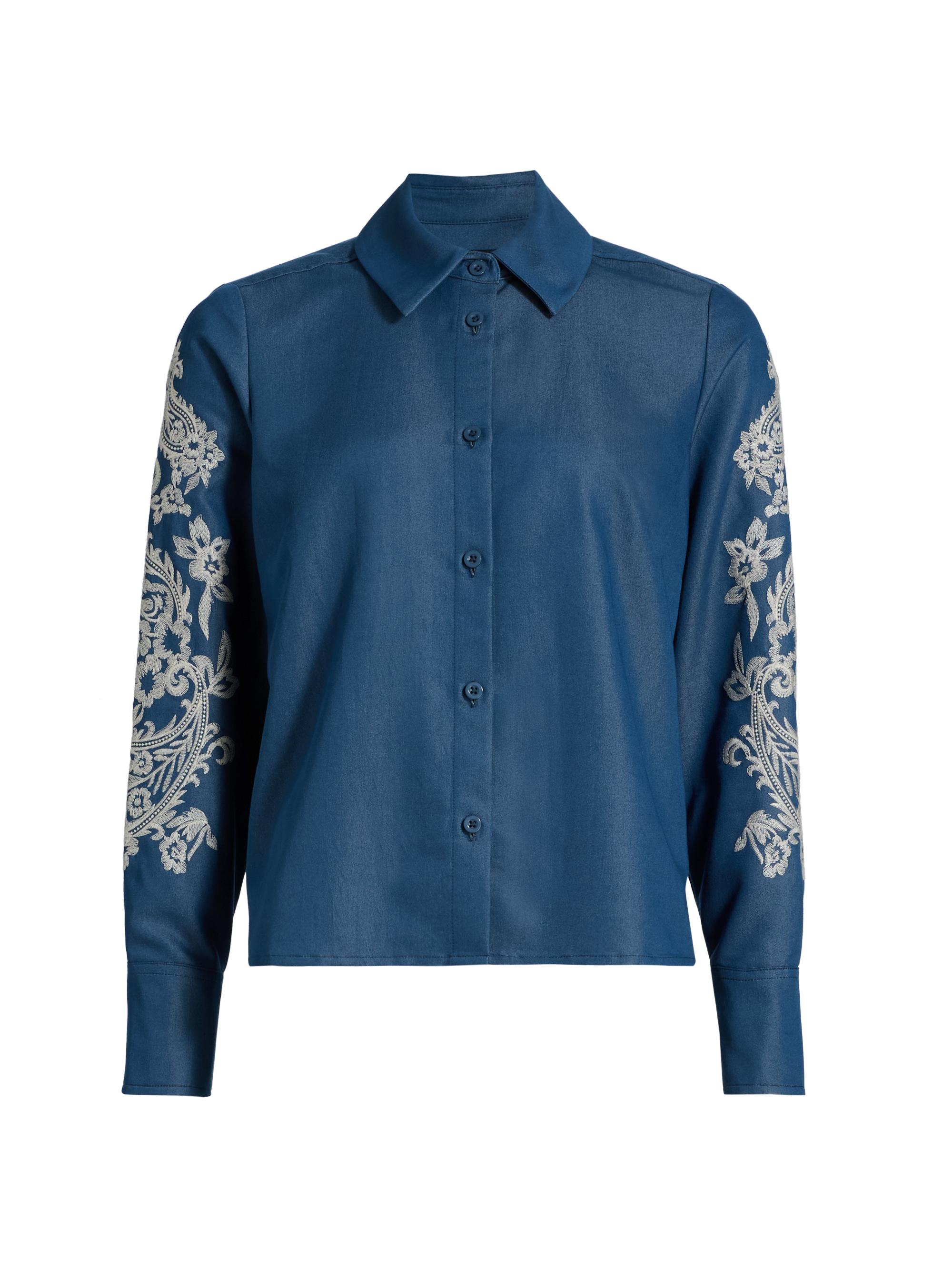If Only Studio Women's Embroidered Chambray Button-Front Shirt - Blue Ecru