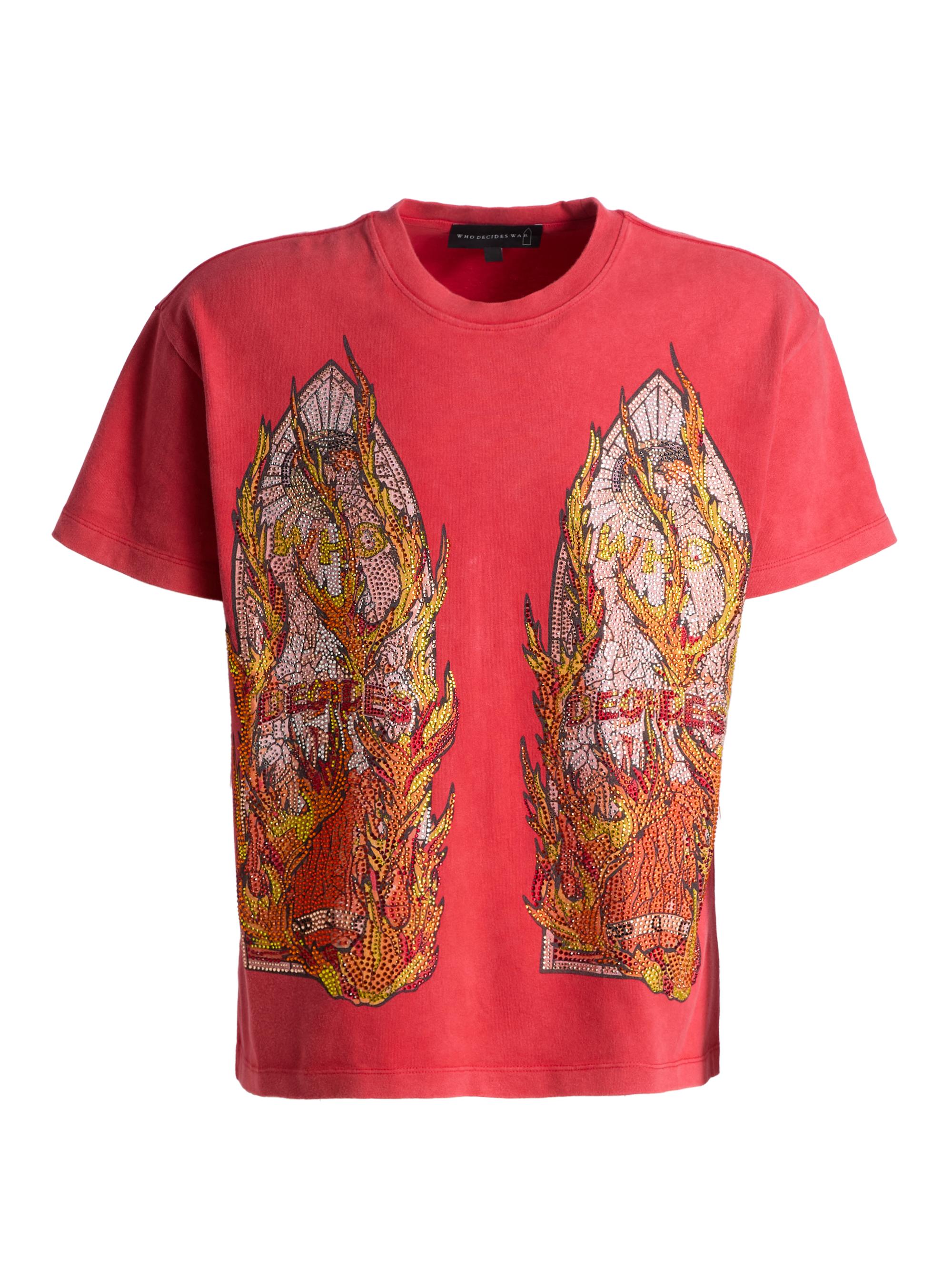 Who Decides War Men's Rhinestone Flame Glass Jersey T-Shirt - Ruby