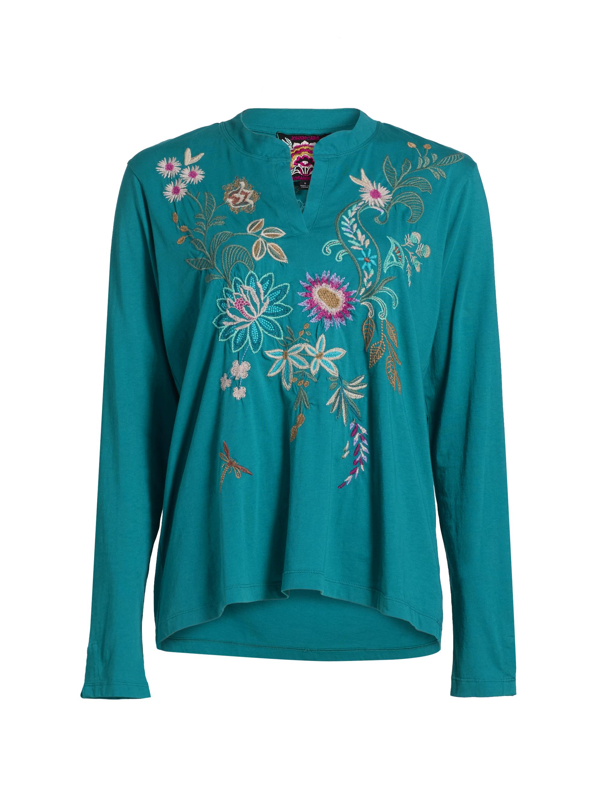 Johnny Was Women's Edwin Split Jersey T-Shirt - Deep Lake