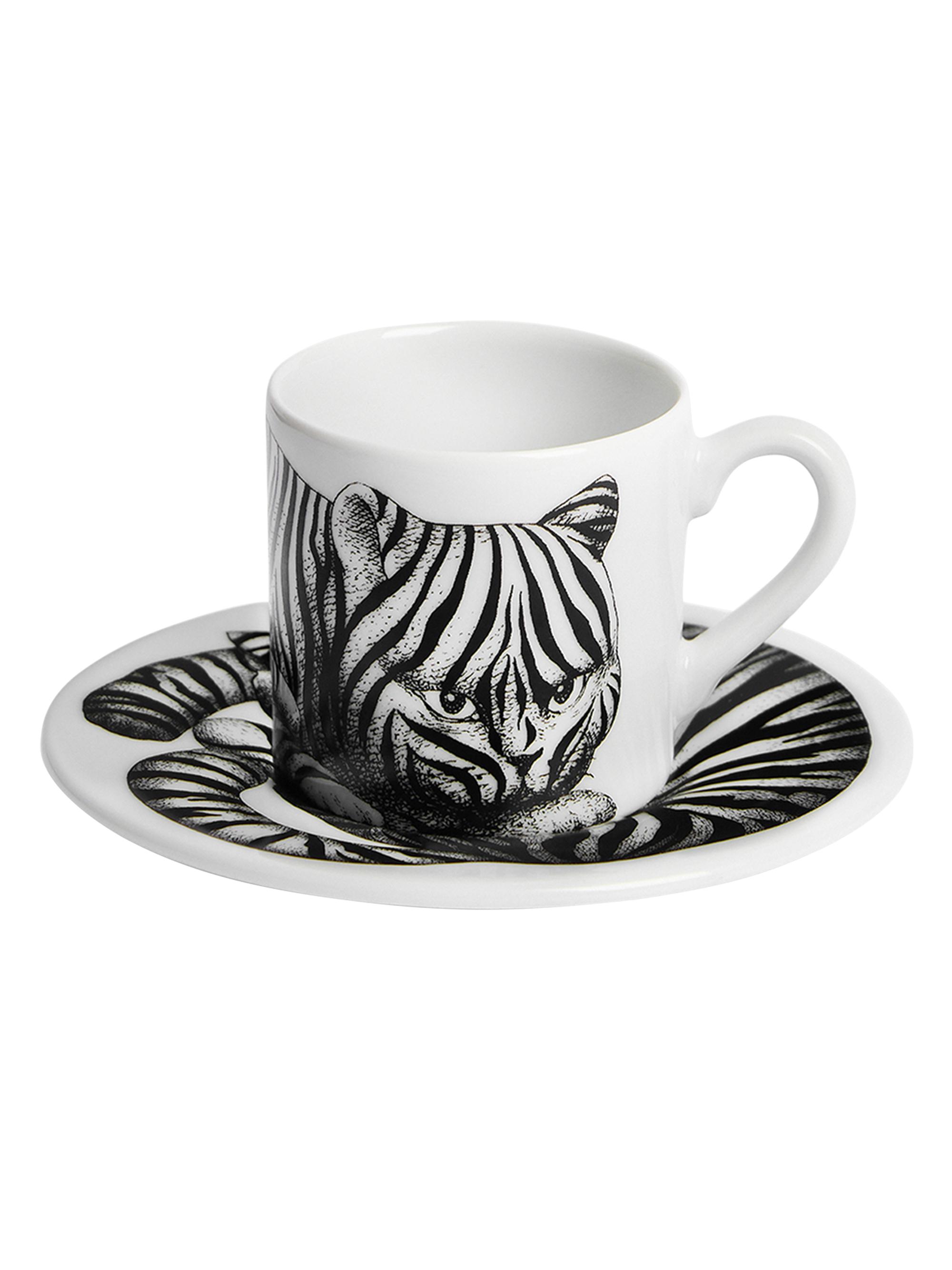 Fornasetti High Fidelity Tiger Print Coffee Mug & Saucer - Black White