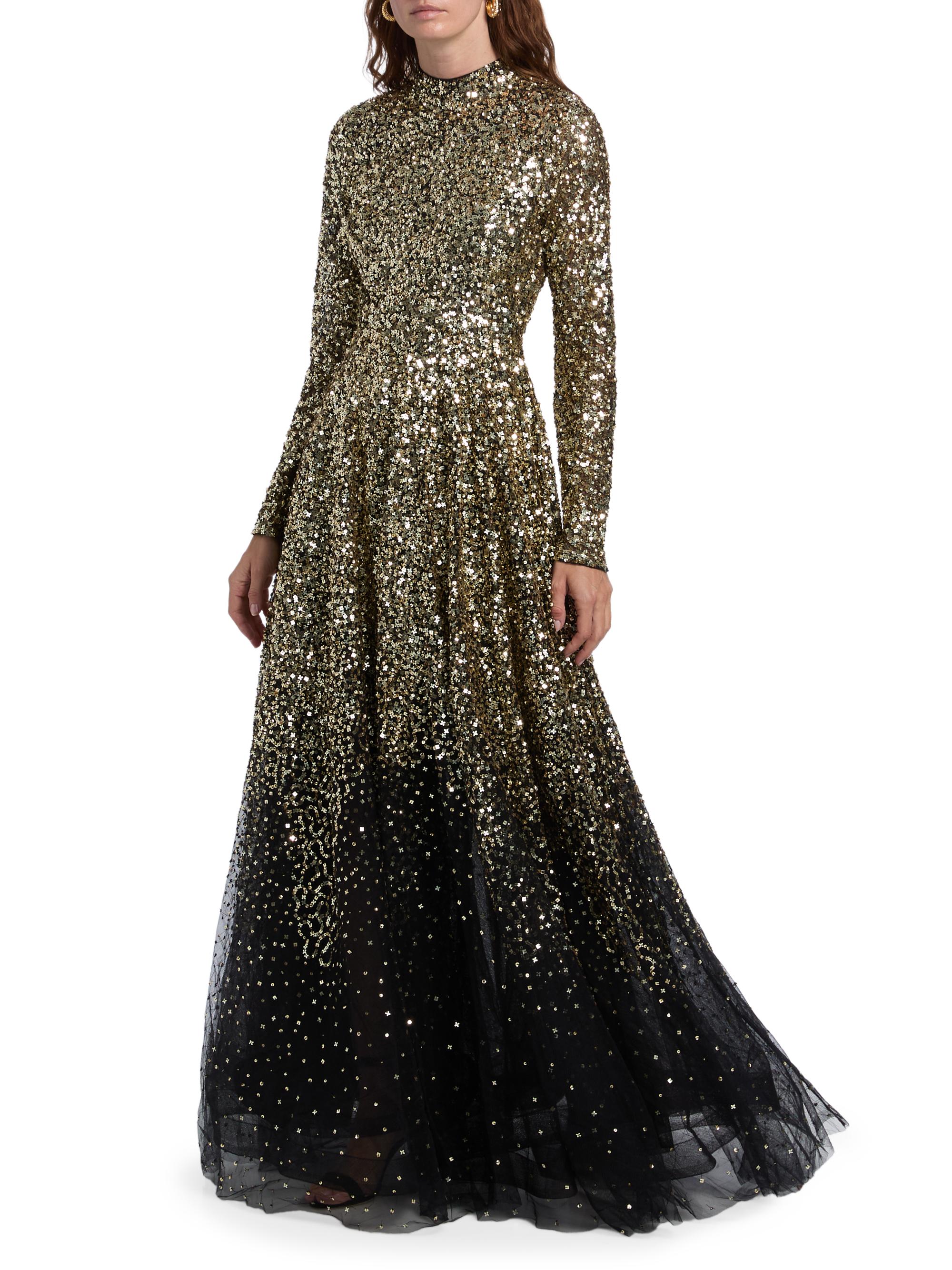 slim fit dress slacks Poly USA 9010 Fitted Long Sleeve Sequin Gown