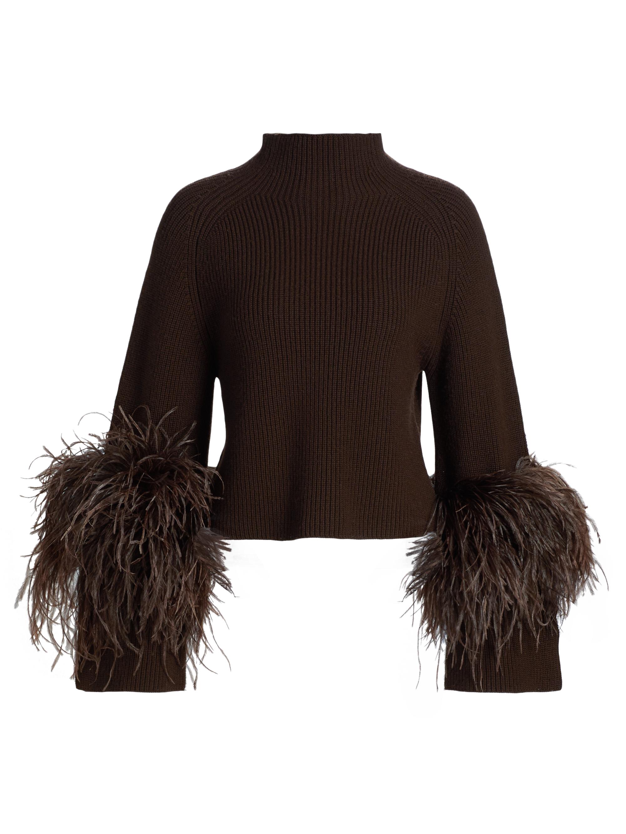 LaPointe Women's Wool Feather-Cuff Sweater - Dark Brown