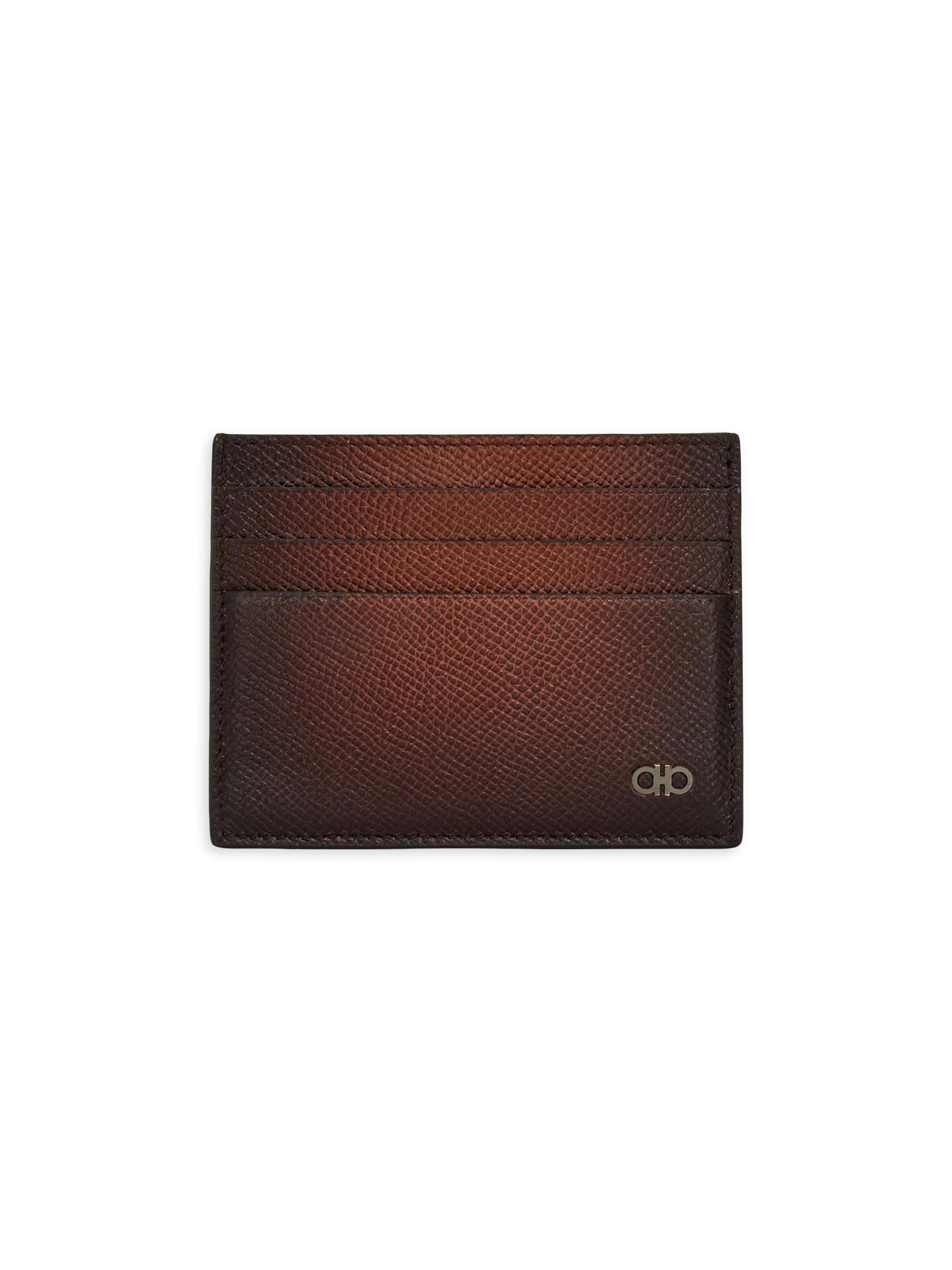 FERRAGAMO Men's Micro Gancio Embossed Leather Card Case - New Cognac Nero Brown