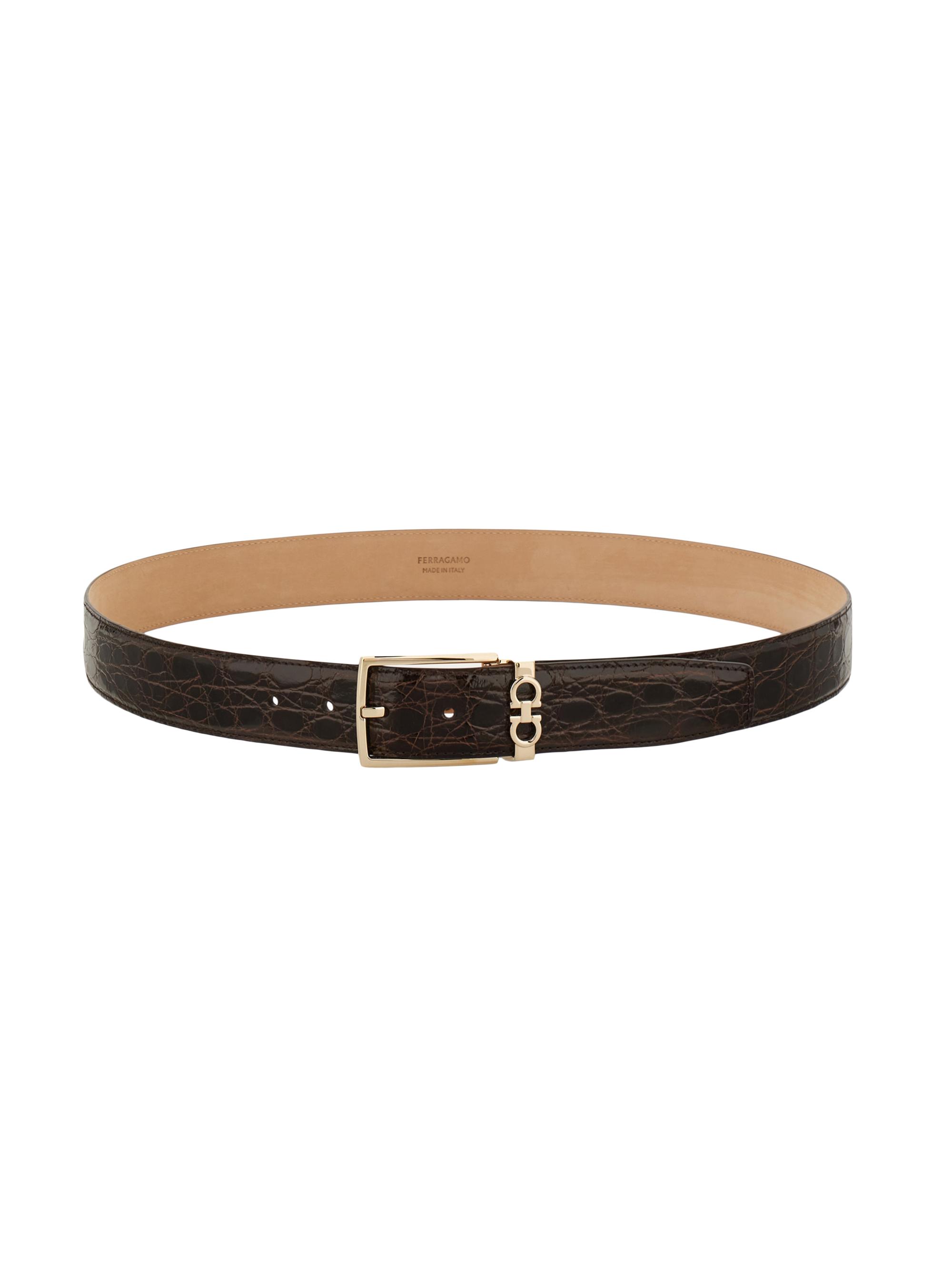 FERRAGAMO Men's Double Adjustable Croc-Embossed Belt - Dark Brown Naturale