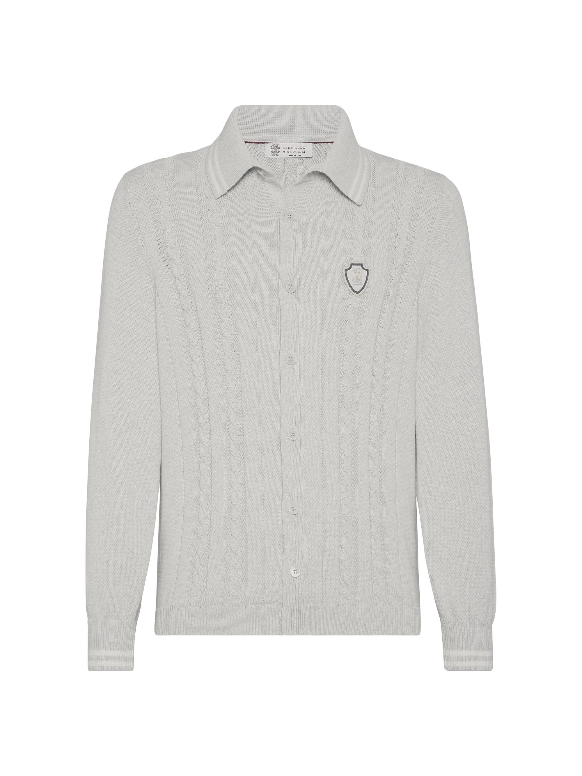 Brunello Cucinelli Men's Cotton Cable Knit Shirt with Logo - Fog