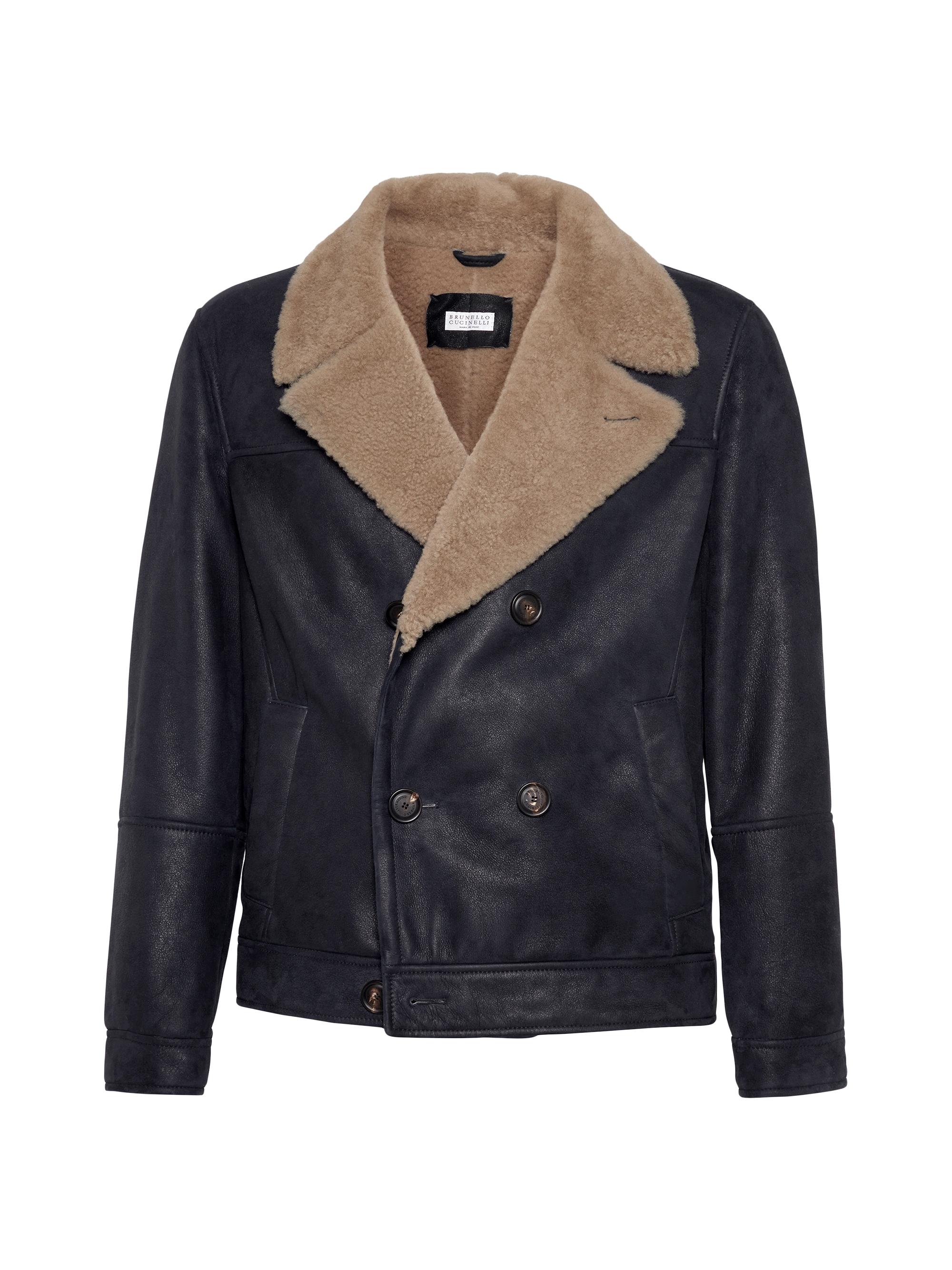 Brunello Cucinelli Men's Nubuck Effect Shearling One and a Half Breasted Outerwear Jacket - Black