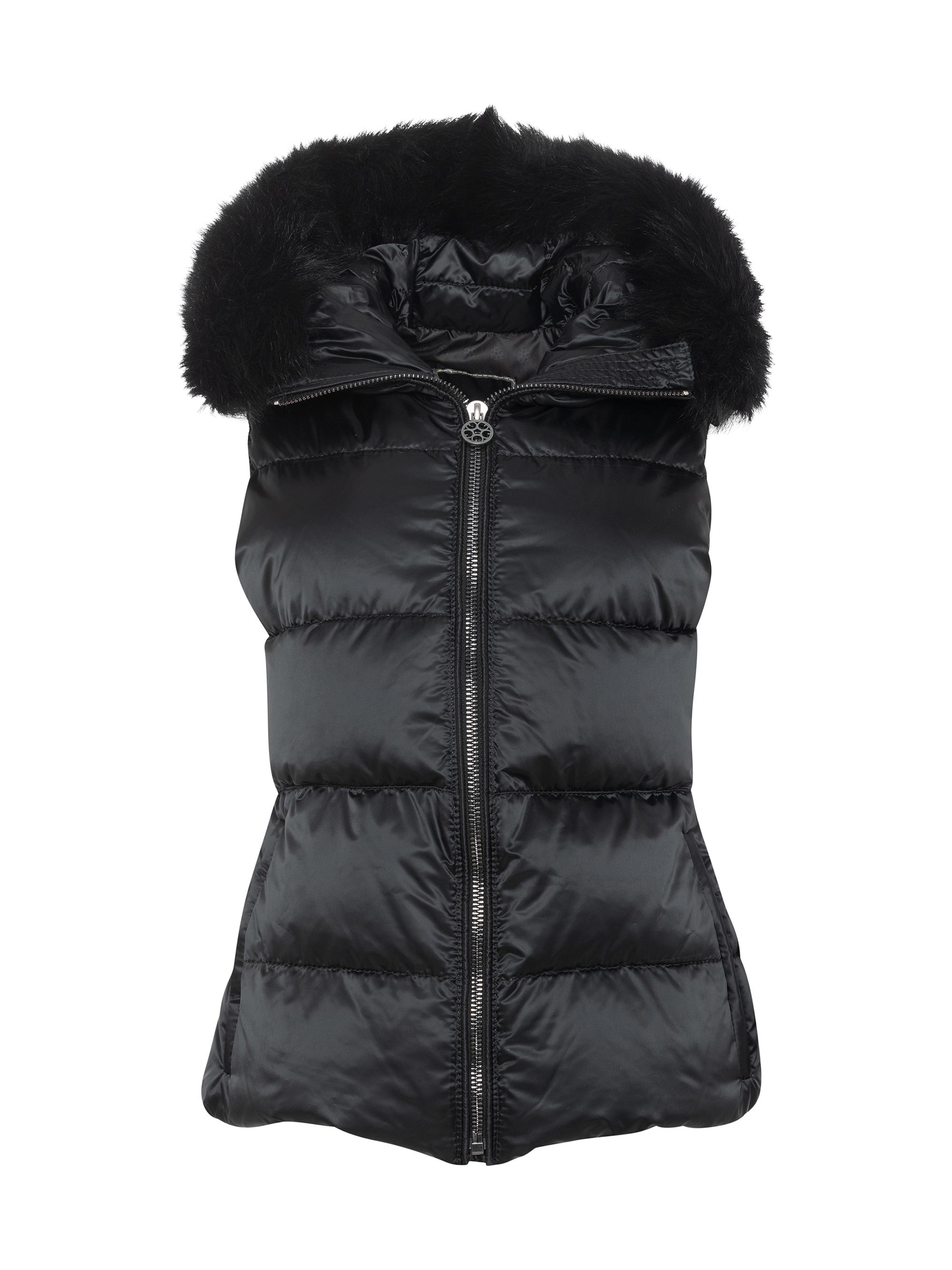 Gorski Women's Apres-Ski Vest with Detachable Toscana Shearling Lamb Hood Trim - Black