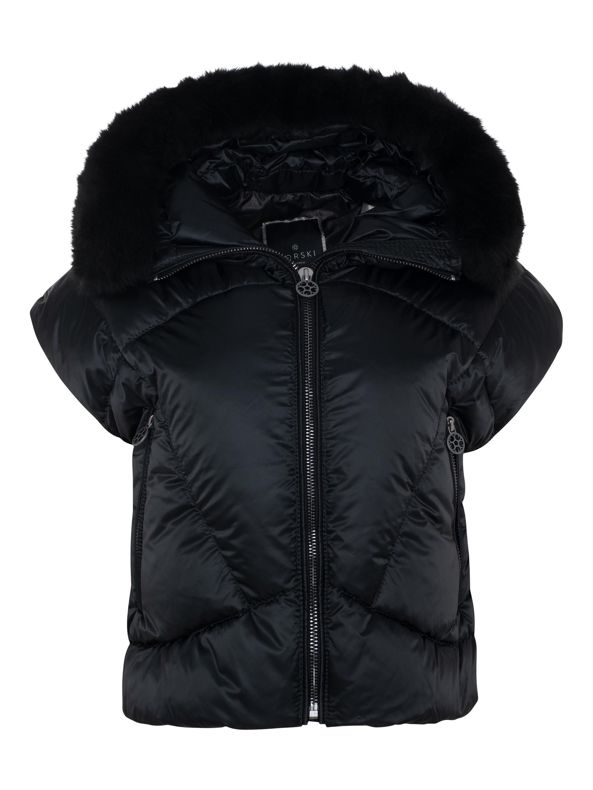 Gorski Women's Apres-Ski Vest with Detachable Toscana Shearling Lamb Hood Trim - Black