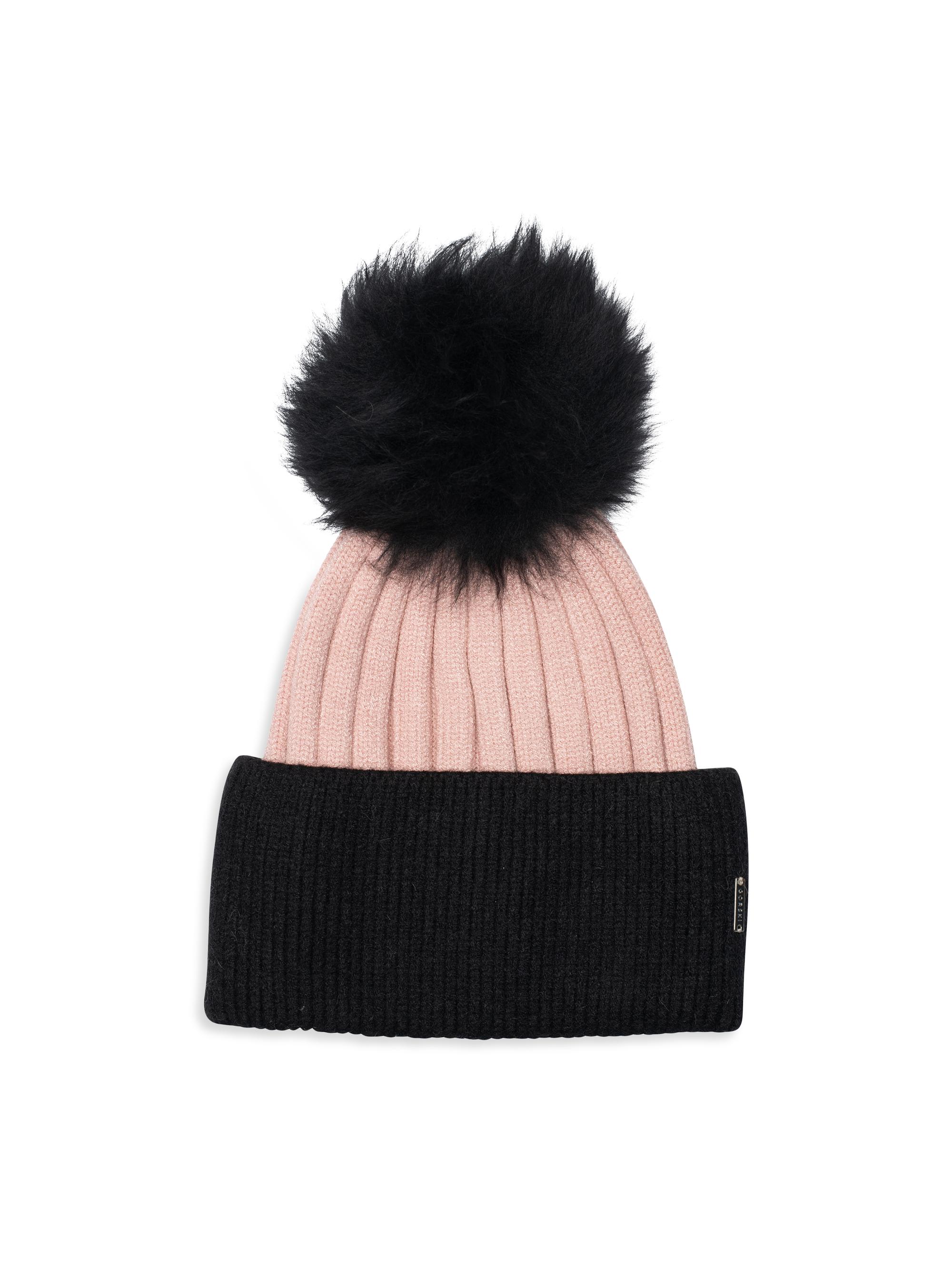 Gorski Women's Knit Hat with Toscana Lamb Pompom - Black Pink
