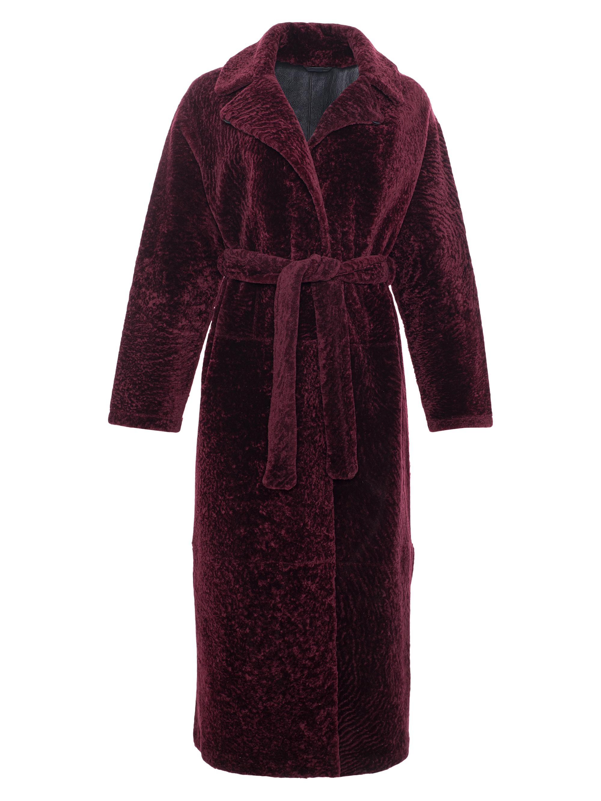 Gorski Women's Reversible Textured Shearling Lamb Coat with Side Slits, Belt - Burgundy
