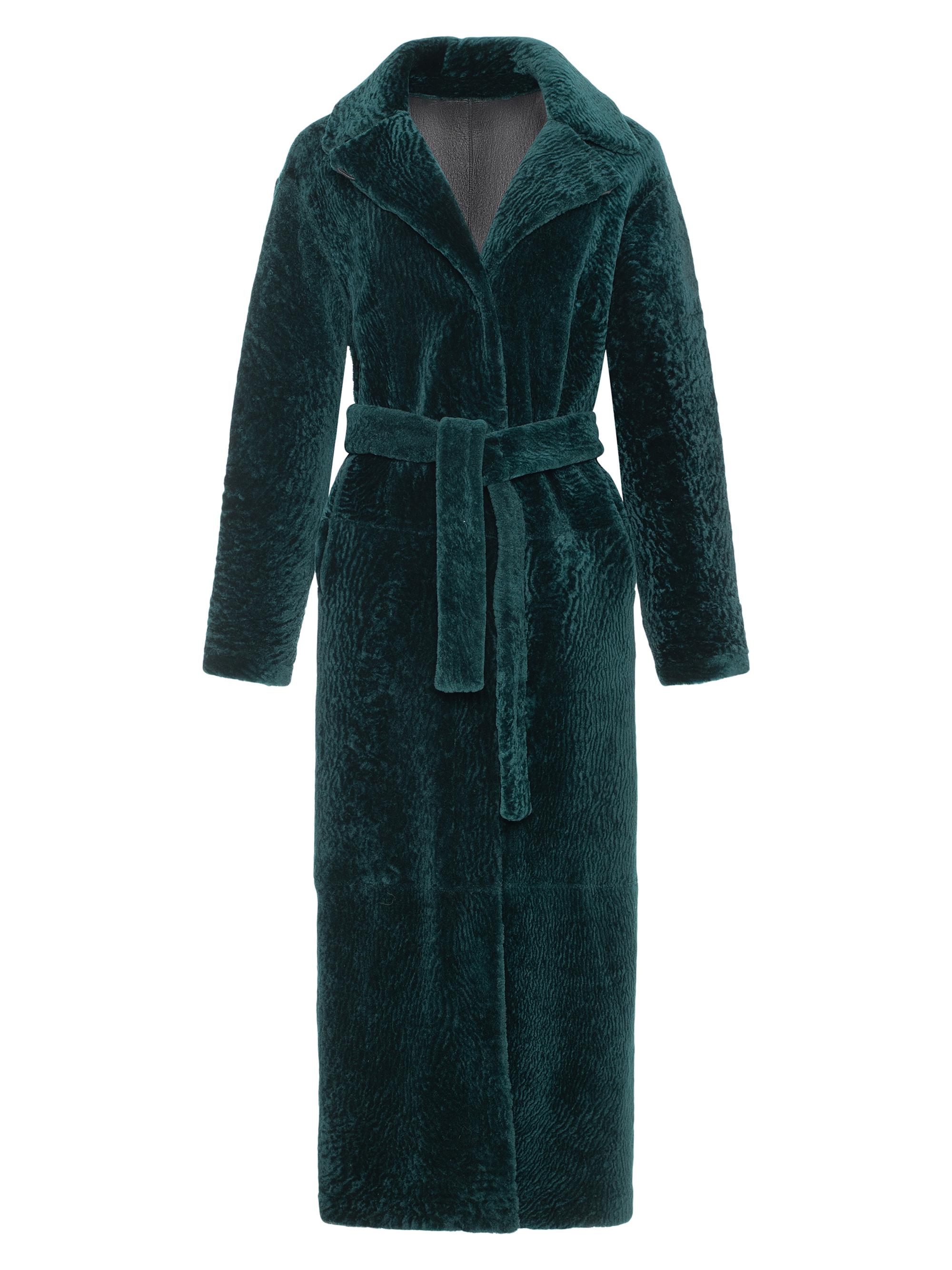 Gorski Women's Reversible Textured Shearling Lamb Coat with Side Slits, Belt - Emerald